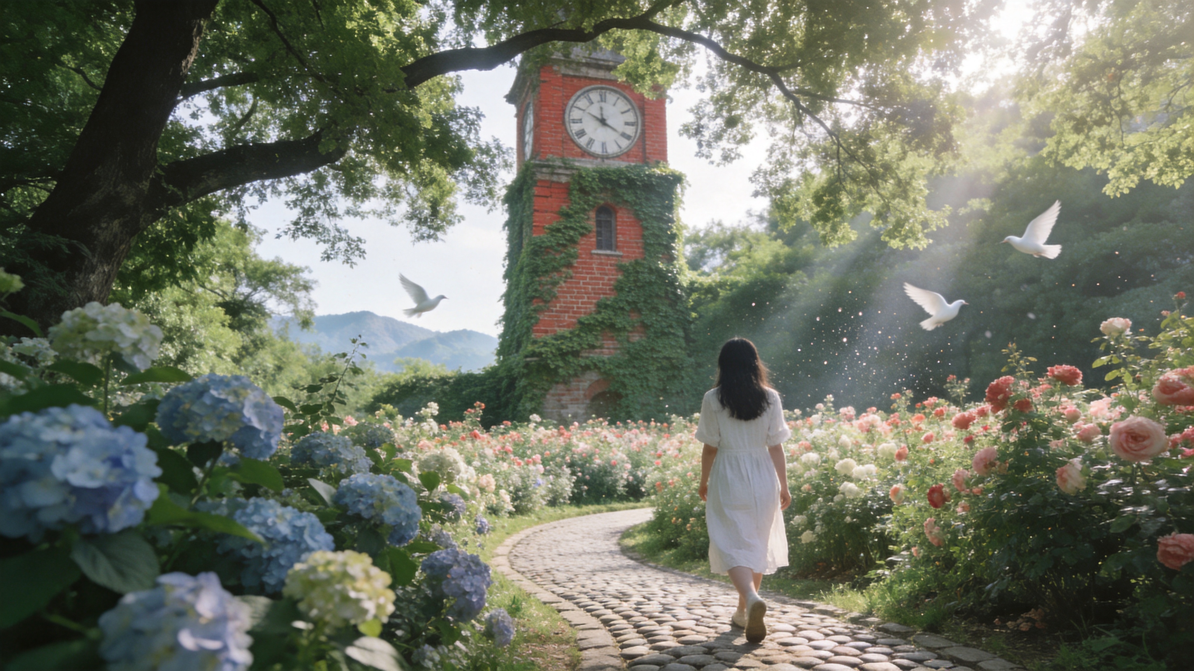 2026年5月21日的初夏时节，阳光透过茂密的香樟树叶洒下斑驳光影。画面主体是一座被常春藤缠绕的红砖老式钟楼，钟楼下方是一条蜿蜒的鹅卵石小径。一位穿着白色亚麻连衣裙的少女背对镜头，正走向小径尽头的花海，那里盛开着绣球花和蔷薇。空气中漂浮着微小的尘埃颗粒，几只白鸽在低空盘旋，远处是若隐若现的青山轮廓，整体营造出一种时光静止的午后慵懒感。

日系清新摄影风格，胶片质感，高调曝光。色彩以低饱和度的莫兰迪色系为主，强调绿色与砖红色的柔和对比。使用35mm焦段镜头拍摄，背景具有奶油般的虚化效果（Bokeh），光线呈现为温暖的丁达尔效应，画面边缘带有轻微的暗角，充满噪点的颗粒感增加怀旧氛围。