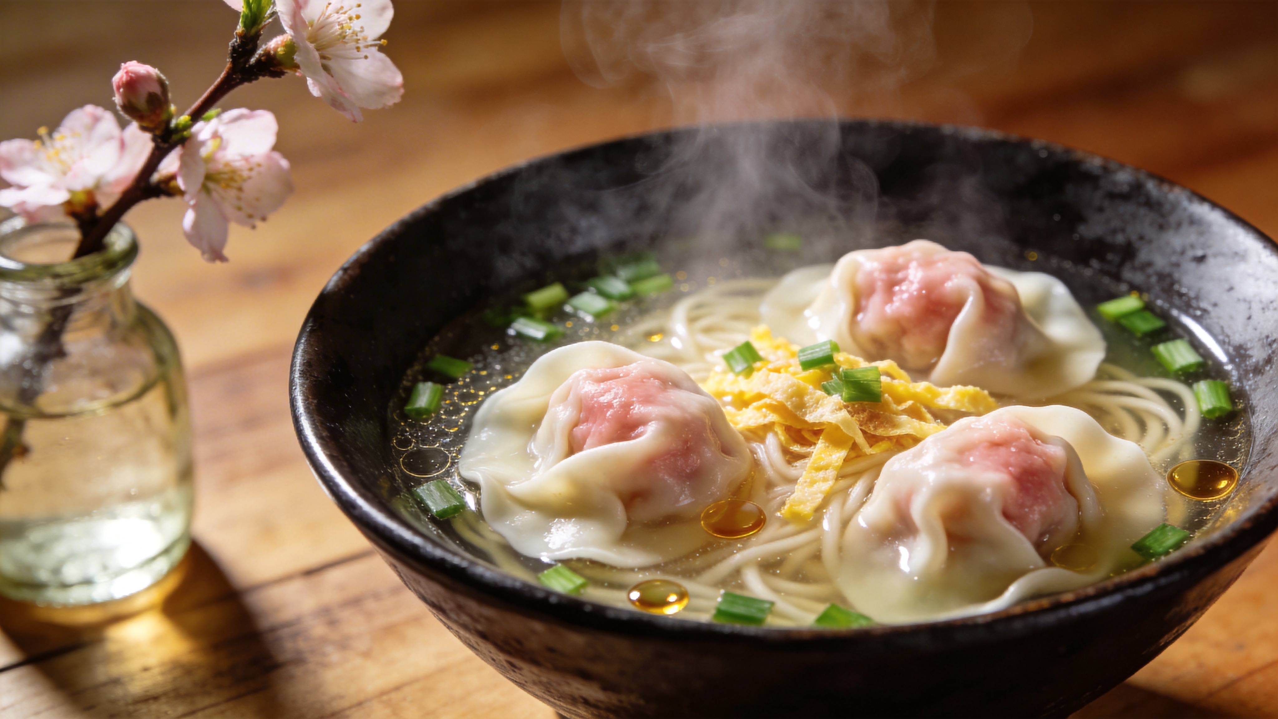 特写镜头下的春季时令美食‘刀鱼馄饨’。一只精致的日式黑陶碗中，盛着清澈透亮的鱼汤，汤中漂浮着三个皮薄如纸、隐约透出粉嫩肉馅的馄饨。汤面上撒着翠绿的葱花、金黄的蛋皮丝和几滴晶莹剔透的香油。热气腾腾的白雾在柔和的灯光下盘旋上升，背景虚化处理，隐约可见木质餐桌纹理和一枝刚折下的桃花插在玻璃瓶中，营造出温暖的家庭早餐氛围，让人食指大动。

商业美食摄影风格，追求极致的质感与真实感。采用 50mm 微距镜头拍摄，景深极浅，焦点清晰落在馄饨的褶皱和汤面的油花上。布光采用经典的侧逆光，勾勒出食物的轮廓光并增强热气的立体感。色调温暖饱满，强调高光和阴影的层次，色彩还原真实，具有胶片般的细腻颗粒感，画面充满生活烟火气。
