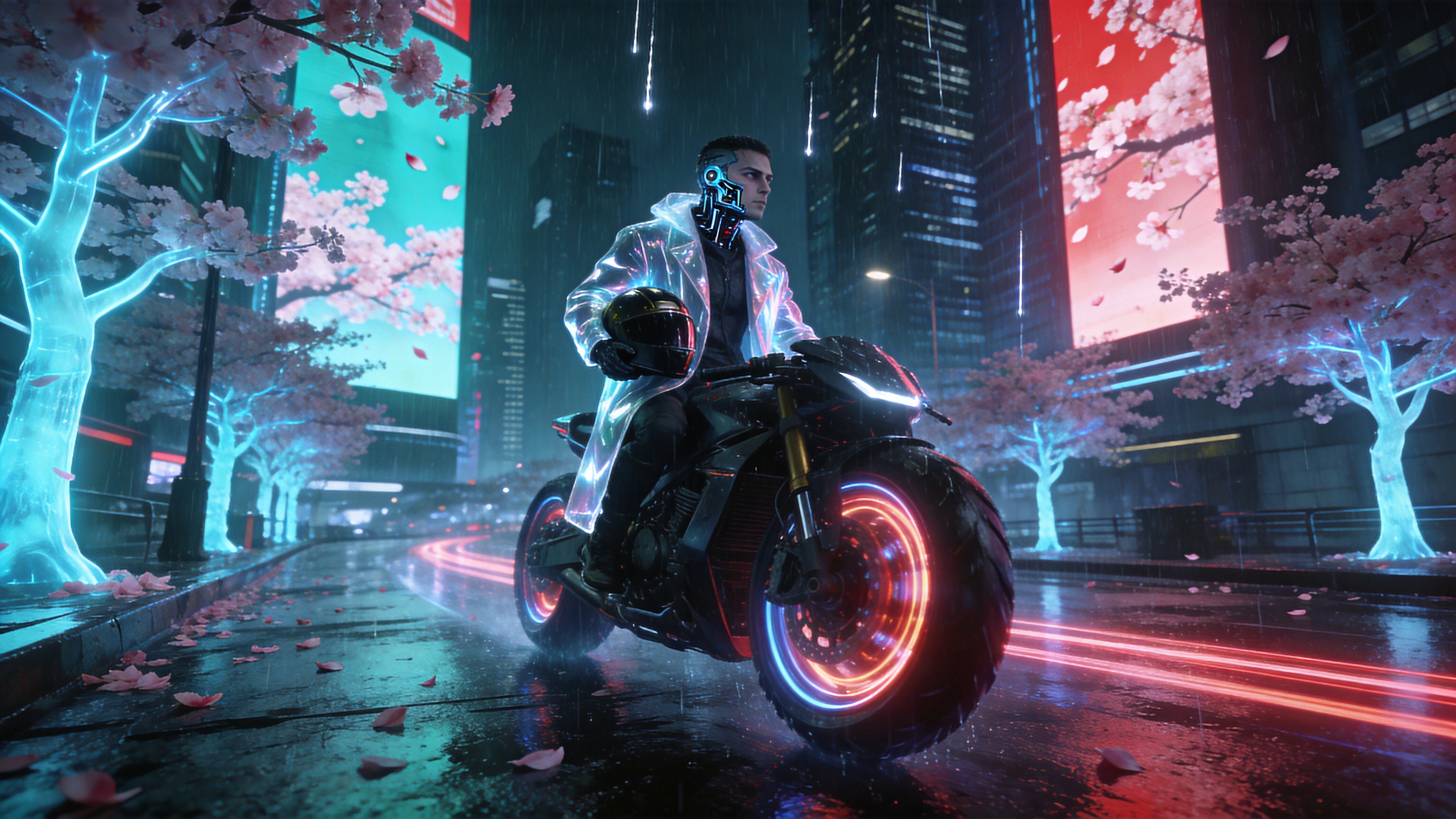 这是一个极具未来感的赛博朋克城市街头，时间设定在2026年3月的一个雨夜。街道两旁是高耸入云的摩天大楼，表面覆盖着巨大的全息广告屏，正播放着樱花飘落的虚拟影像，与现实中阴冷的雨水形成强烈对比。路边的樱花树被基因改造过，树干发出淡淡的霓虹蓝光，花瓣呈现出半透明的粉色，落在湿漉漉的金属路面上。前景是一辆造型悬浮的重型机车，车轮旋转时拉出流光溢彩的光带。一个身穿反光材质风衣的机车手正摘下头盔，露出半张经过机械改造的脸庞，眼神冷峻地望向远方。雨水在灯光下像无数条发光的银线坠落，整个场景充满了高科技与颓废美学的碰撞。

极致的赛博朋克概念艺术风格，深受《银翼杀手》美学影响。强调强烈的冷暖色调对比，以青色、洋红和电光蓝为主色。光影效果戏剧化，拥有高锐度的边缘、丰富的体积光和潮湿环境的反射质感。采用8K超高清分辨率，光线追踪渲染，呈现出电影大片般的视觉冲击力。