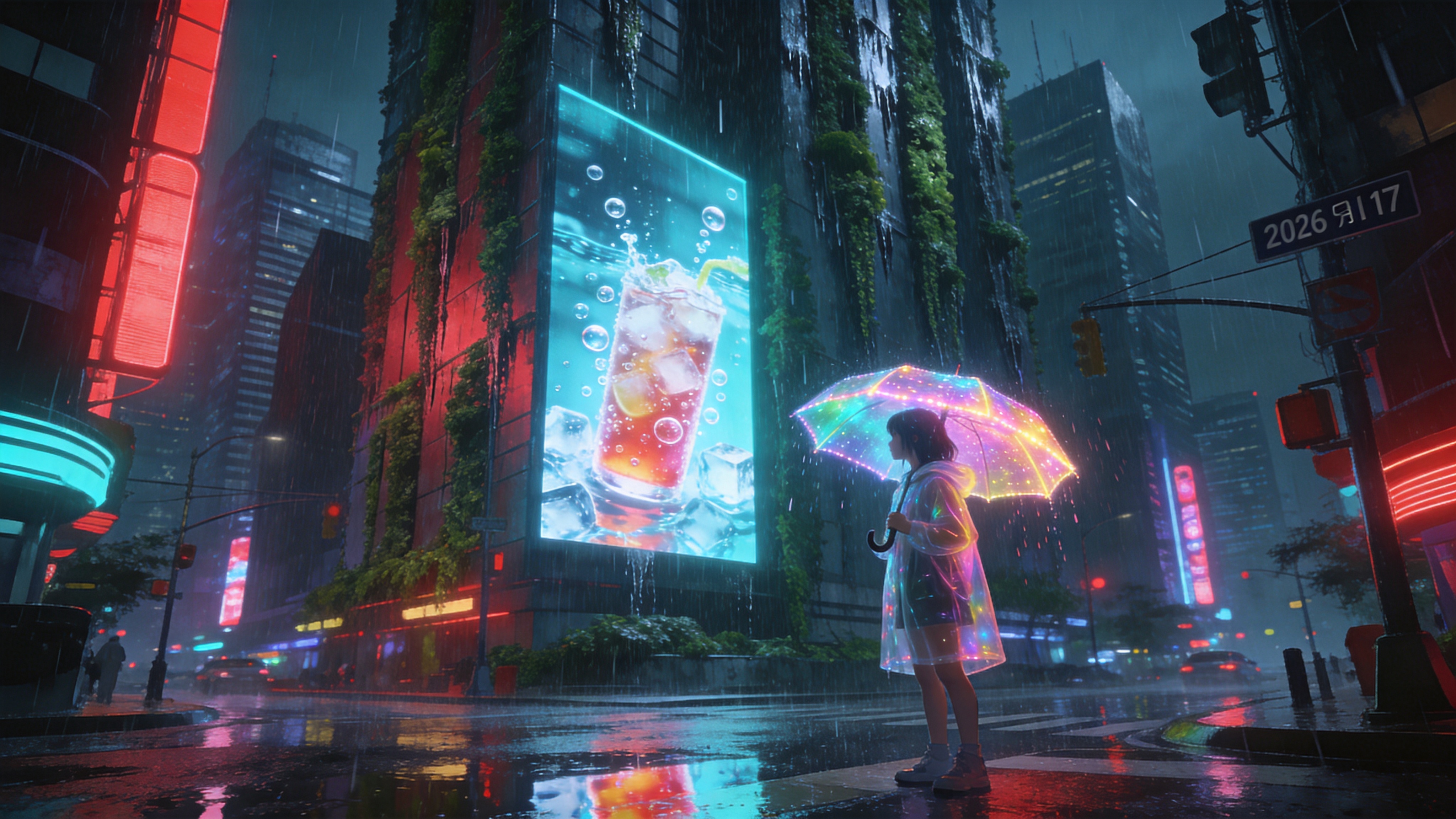2026年7月17日的未来都市街头，正值一场突如其来的电子暴雨。街道被霓虹灯照得五光十色，积水倒映着巨大的全息广告牌，上面播放着冰镇气泡饮料的动态广告。一个穿着透明雨衣的少女正站在路口，手中举着一把发光的伞，伞面随着雨滴的节奏变换着流光溢彩的色彩。背景是高耸入云的摩天大楼，墙面覆盖着垂直绿化植物，雨水顺着金属和植物的纹理滑落，整个场景既有赛博朋克的冷峻，又有夏日雨夜的清凉与活力。

赛博朋克摄影风格，电影级构图，冷暖色调强烈对比（青色与洋红色），高锐度，细腻的雨水飞溅质感，体积光渲染，8K超高清分辨率，极具科技感与时尚感。