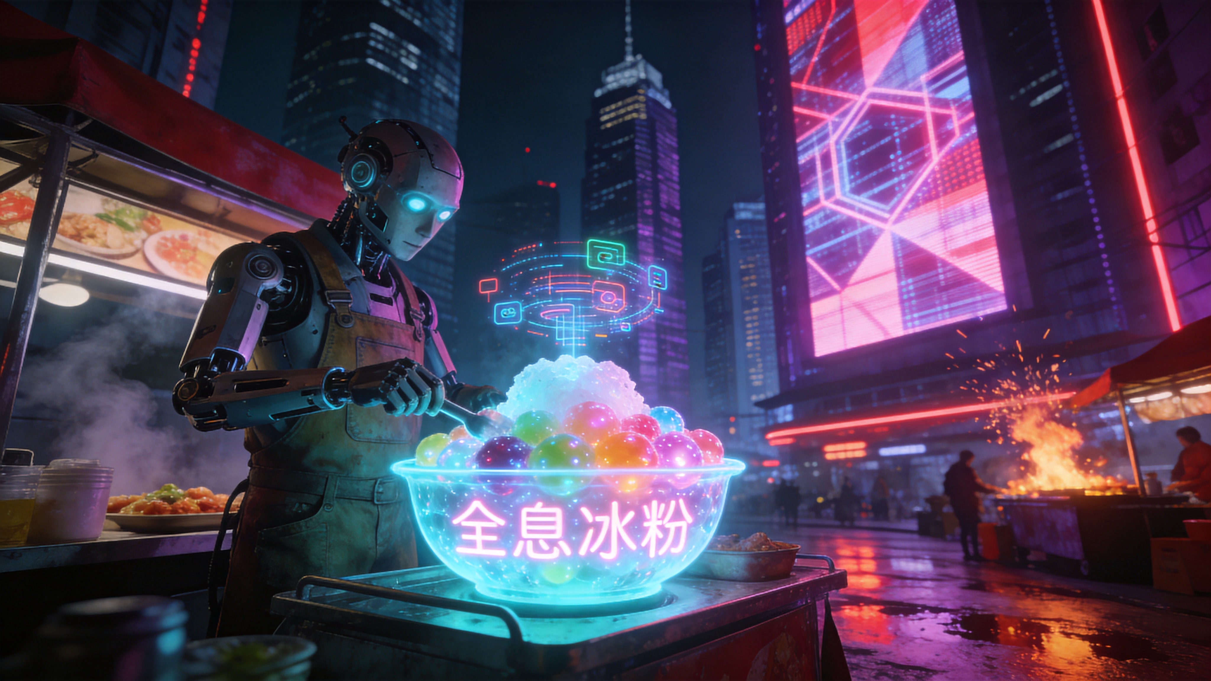 一个充满未来感的赛博朋克夜市，设定在2026年的霓虹都市角落。主体是一个街头小吃摊位，摊主是一个身穿复古工装的机器人，正在制作发光的'全息冰粉'。冰碗里装满了五颜六色的发光果冻球，顶部漂浮着动态的数字投影装饰。背景是高耸入云的摩天大楼，巨大的全息广告牌上播放着抽象的几何动画，紫红色的霓虹灯光倒映在潮湿的街道地面上，空气中弥漫着烟火气和蒸汽。

赛博朋克概念艺术风格，强烈的冷暖色调对比（青色与洋红）。高饱和度的霓虹光效，体积光渲染，营造迷幻的夜景氛围。材质强调金属的冷硬感与食物的晶莹感对比。视角采用低角度广角镜头，增强视觉冲击力和空间纵深感，细节锐利，具有电影级的构图和光影效果。