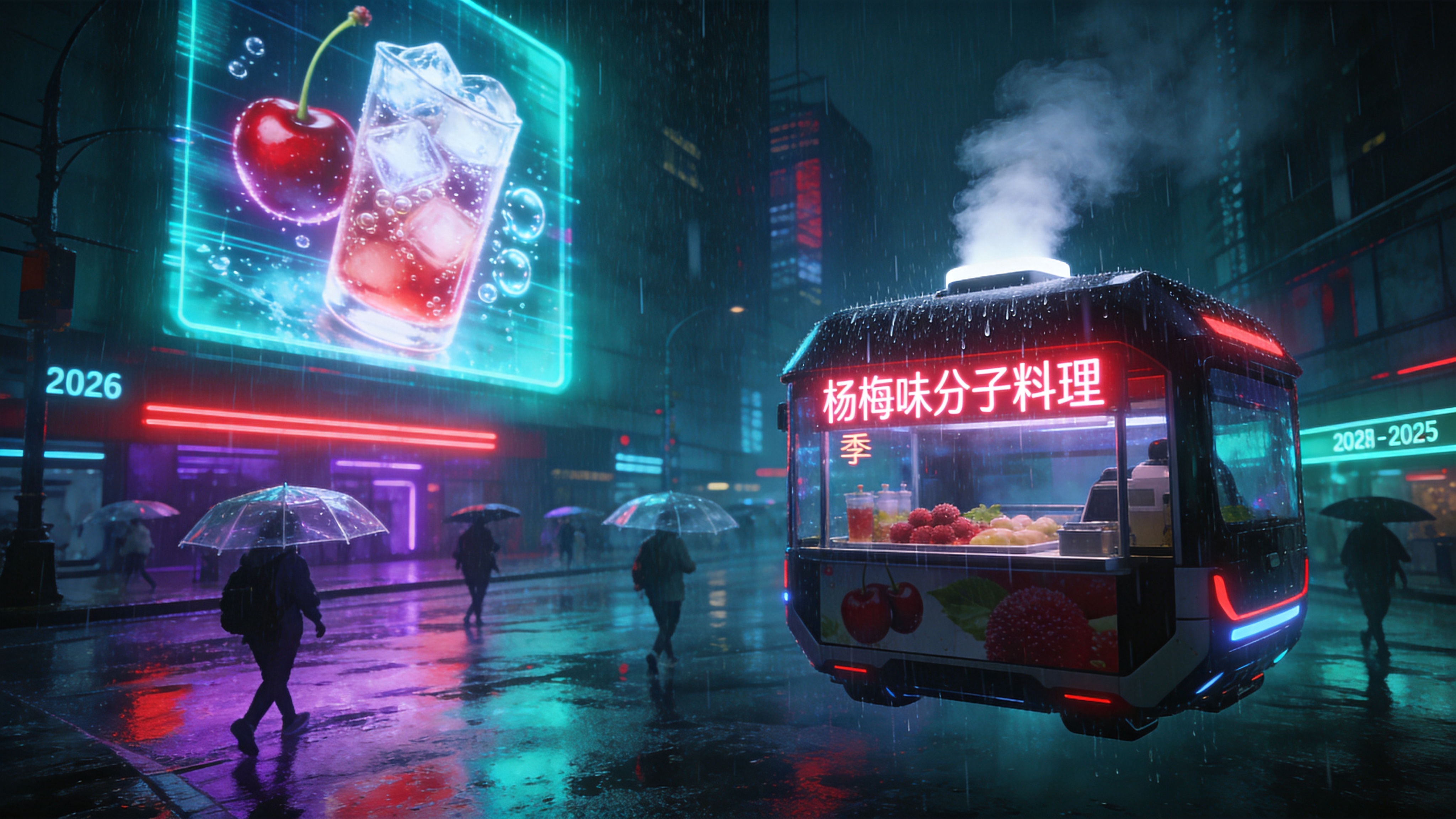 2026年5月的未来都市雨夜，巨大的全息投影广告在半空中闪烁，展示着虚拟的樱桃和冰镇气泡酒。街道积水反射着霓虹灯的紫红与青蓝光芒，行人撑着透明的智能雨伞匆匆走过。前景是一辆悬浮的无人售卖车，正在售卖当季的‘杨梅味分子料理’，雨水打在车顶升起白色的冷气，科技感与湿润的雨季氛围交织，充满赛博朋克的冷峻与迷幻。

赛博朋克概念艺术，强烈的冷暖对比色调（青色与洋红），电影级构图，体积光，湿滑表面的反射质感，光线追踪渲染，Ray tracing，噪点颗粒感，Unreal Engine 5渲染风格，具有电影《银翼杀手2049》的视觉美学。