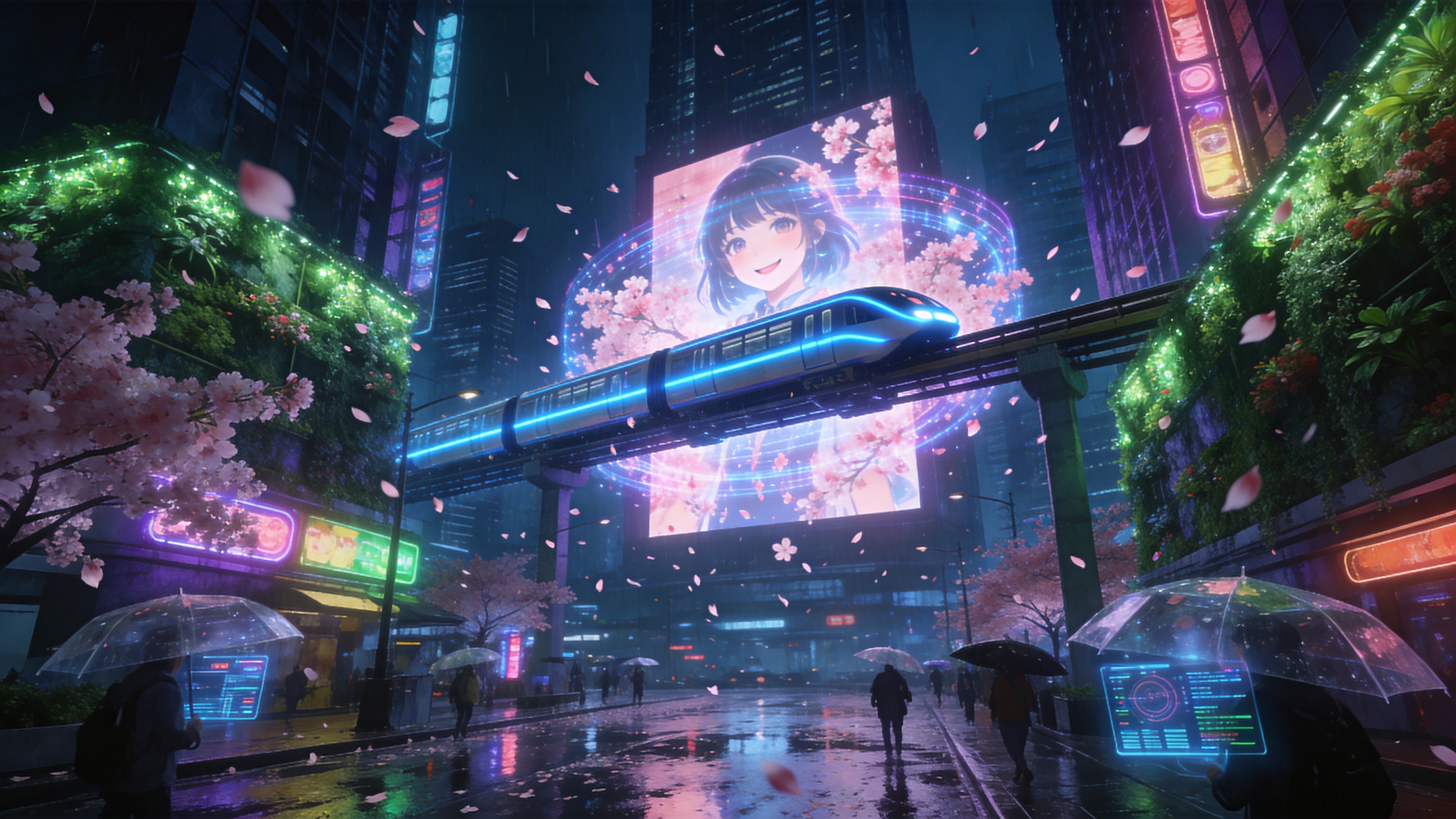 2026年的未来都市，一座垂直立体化的赛博朋克城市，此时正值春雨绵绵。画面中心是一条悬浮在半空的单轨列车，车身流线型，散发着霓虹蓝光，正穿过一座巨大的全息广告牌。广告牌上投射着一位正在微笑的虚拟偶像，周围环绕着粉色的樱花全息投影，虚拟的樱花瓣纷纷扬扬地飘落在湿漉漉的金属街道上。街道两旁是高耸入云的摩天大楼，外墙覆盖着发光的植物墙，绿意与科技感交织。路面上积水反射着五光十色的霓虹灯牌，行人们撑着透明的智能雨伞，伞面上显示着实时数据流。

赛博朋克概念艺术风格，强烈的冷暖对比色。主色调为深邃的午夜蓝和电光紫，辅色为樱花粉和全息绿。光影效果复杂，强调体积光和湿滑表面的反射质感。细节极其丰富，具有电影级的构图和颗粒感，营造出一种高科技与初春浪漫并存的迷幻未来感。