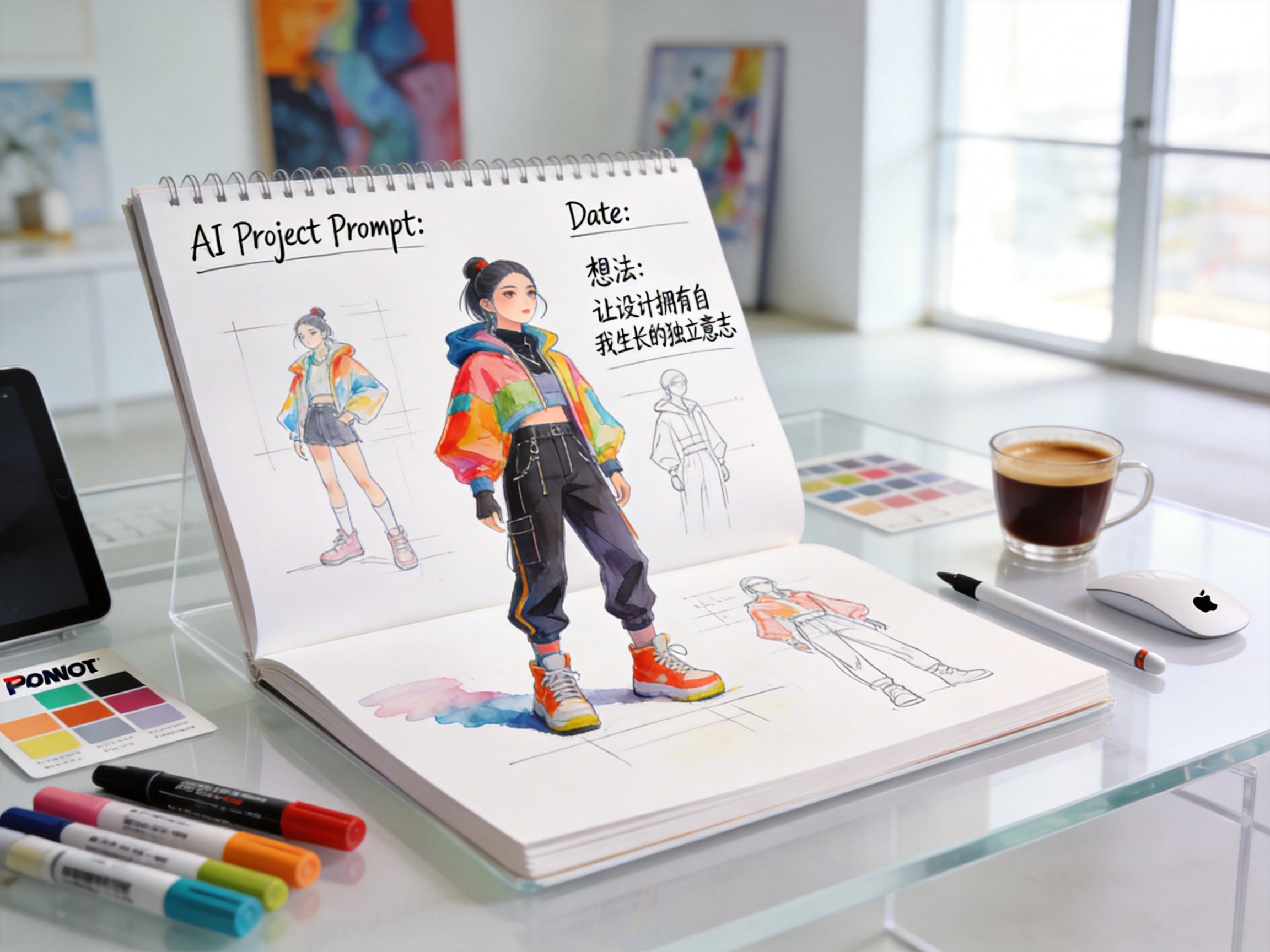 这是一张细节丰富、极其清晰的现代摄影作品，照片中一本打开的纯白高定速写本静静地放在一张极简主义的白色亚克力工作台上，背景中模糊着现代艺术画作和明亮的落地窗，一切都沐浴在纯净明亮的工作室柔光中。在速写本的纯白厚纸页上，可以看到一幅色彩明快的马克笔与水彩勾线图，描绘了一个栩栩如生、极具时尚感的人物，其姿态和形态与一个跃然纸上、仿佛要打破二维平面、化作三维潮玩模型站在工作台上的人物形象完美契合。速写本页面上写着一些充满设计感的手写笔记，包括标题：AI Project Prompt: （左上角）和Date:（右上角），以及反复出现的句子：想法：让设计拥有自我生长的独立意志。工作台上散落着各种与角色和项目相关的工具和道具，例如马克笔、Pantone色卡、Apple Pencil和一杯意式浓缩咖啡，摆放得十分写实。

高质量，专业摄影，细节丰富