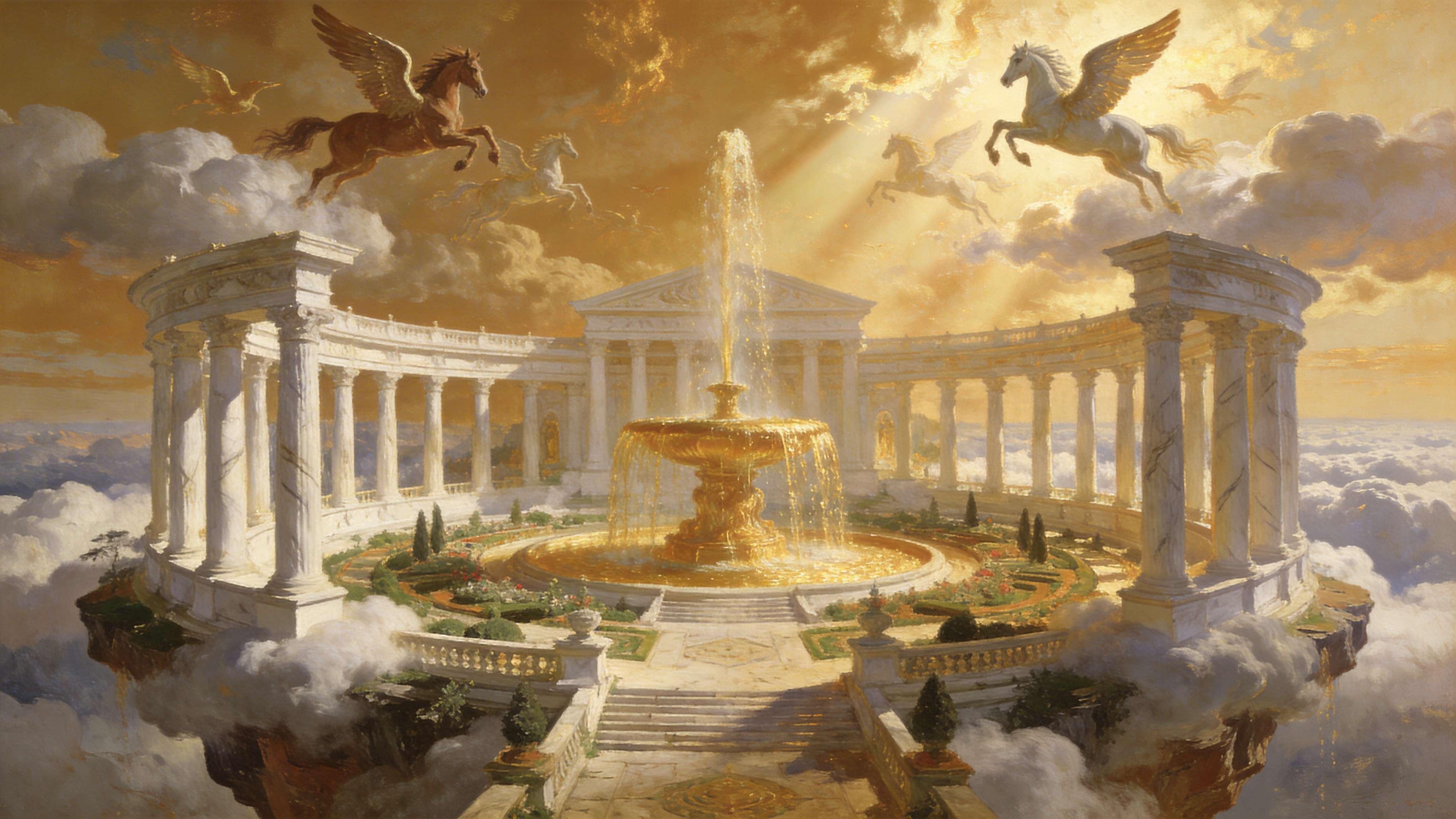 一座漂浮在云端的空中花园，希腊式的白色大理石柱廊环绕着中央的喷泉，喷泉中流淌着金色的水，天空中飞舞着带翅膀的天马，云海翻腾，金光万道，如同神话中的天界。

古典主义油画，拉斐尔前派风格，宏大叙事构图，丰富的层次，暖金色主调，神圣庄严，厚重的颜料质感，博物馆级藏品。