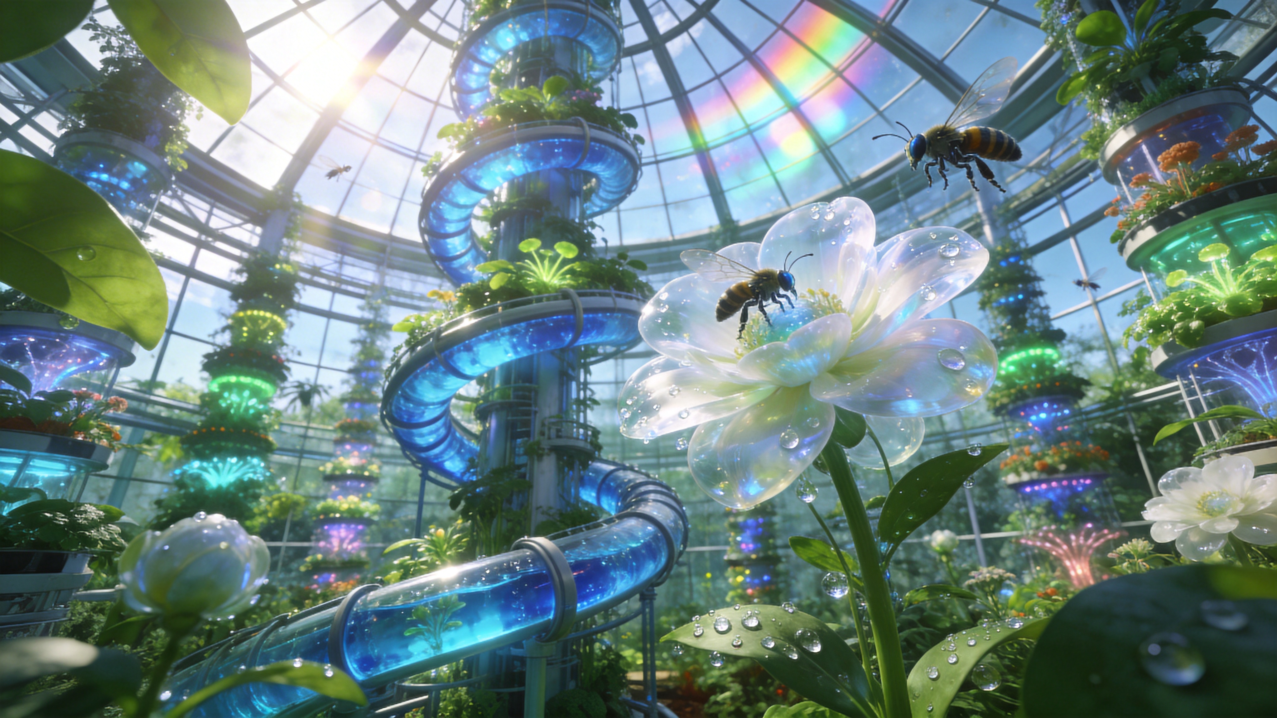 一座巨大的玻璃穹顶温室内部，呈现出令人惊叹的垂直森林景象。这是2026年的未来农业实验室，无数种奇异的发光植物分层排列，从地面一直延伸到几十米的高空。巨大的螺旋状管道输送着蓝色的营养液，机械蜜蜂在半透明的巨型花朵间穿梭飞舞。阳光透过玻璃顶棚折射出彩虹般的光斑，照亮了叶片上晶莹剔透的露珠，展现着科技与自然完美融合的奇观。

3D 概念艺术与超写实主义摄影风格。具有强烈的科幻感和未来主义美学，光影效果极具戏剧性，体积光和焦散效果逼真。材质渲染极其精细，强调玻璃、金属与有机植物的质感对比。色彩上使用高饱和度的霓虹绿、荧光蓝与纯净的白，视觉冲击力强，分辨率极高。