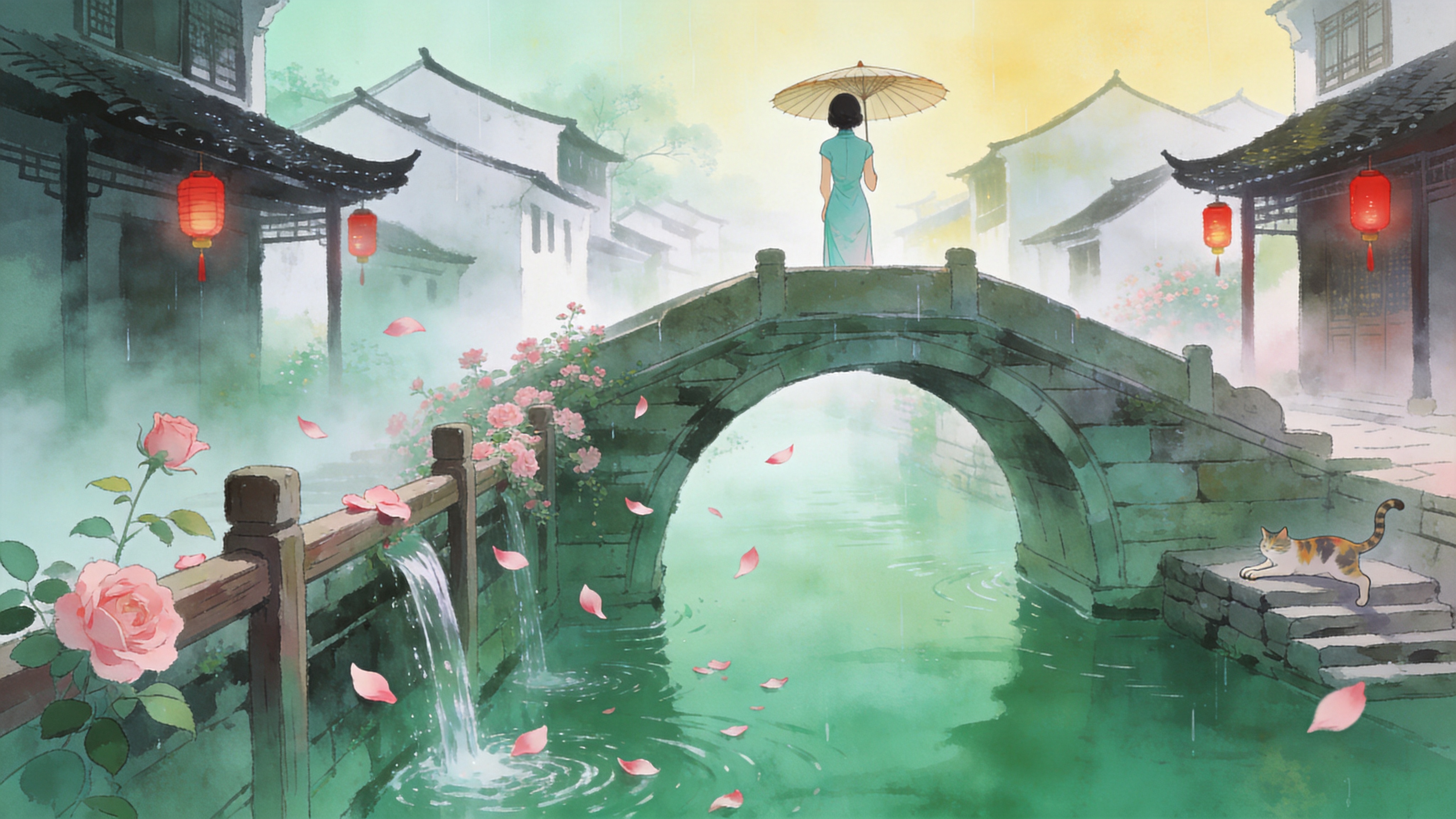 2026年暮春初夏的交替时节，江南水乡的清晨。画面主体是一座古老的石拱桥，桥上撑着一把油纸伞的少女背影，身着淡青色的新式旗袍。桥下流水潺潺，几片粉色的蔷薇花瓣正从桥头的围栏飘落，点缀在碧绿的水面上。远处是错落有致的白墙黛瓦民居，屋檐下挂着几盏未熄的红灯笼。空气中弥漫着湿润的水汽和花香，一只花猫正趴在河埠头的石阶上伸懒腰，整个画面充满了生机勃勃的春末夏初气息。

新中式唯美插画风格，结合了传统水墨的晕染韵味与现代插画的精致线条。色调以清透的青绿色为主，点缀温柔的粉色和暖黄。光影处理采用柔和的漫射光，强调晨雾的朦胧感。笔触细腻，注重水的流动感和花瓣的轻盈质感，画面构图具有电影般的景深感，像是一帧静止的文艺电影画面。