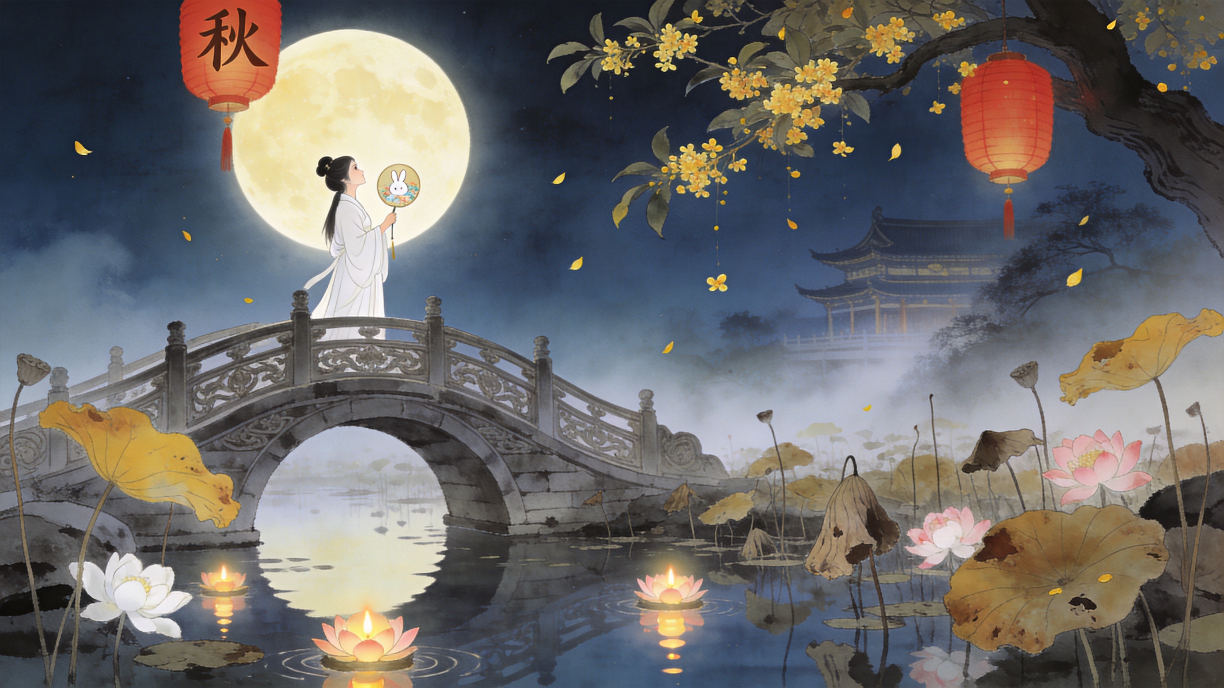 东方古典园林的一角，时间定格在中秋满月之夜。一座雕工精美的石拱桥横跨在静谧的池塘之上，桥上站着一位身着素白汉服的年轻女子，她手持一把绘有玉兔的团扇，正抬头仰望天空中巨大的圆月。池塘中种植着残荷，枯黄的荷叶与粉白的残花在水面投下长长的倒影，几盏荷花形状的河灯在水面上缓缓漂流，烛光摇曳。画面上方挂着一串写着'秋'字的红灯笼，旁边是一株老桂花树，细碎的金色桂花正在空中飘落，仿佛一场香气的雨。远处的楼阁在月色和雾气中若隐若现，如梦似幻。

新中式国潮插画风格，融合了工笔画的细腻线条与现代数字插画的色彩。采用低饱和度的莫兰迪色系，以黛蓝、月白、藤黄为主。光影处理借鉴了传统水墨的留白意境，光线柔和朦胧，强调空气感。笔触细腻圆润，人物与景物融为一体，营造出一种唯美、空灵、充满诗意的东方美学意境。