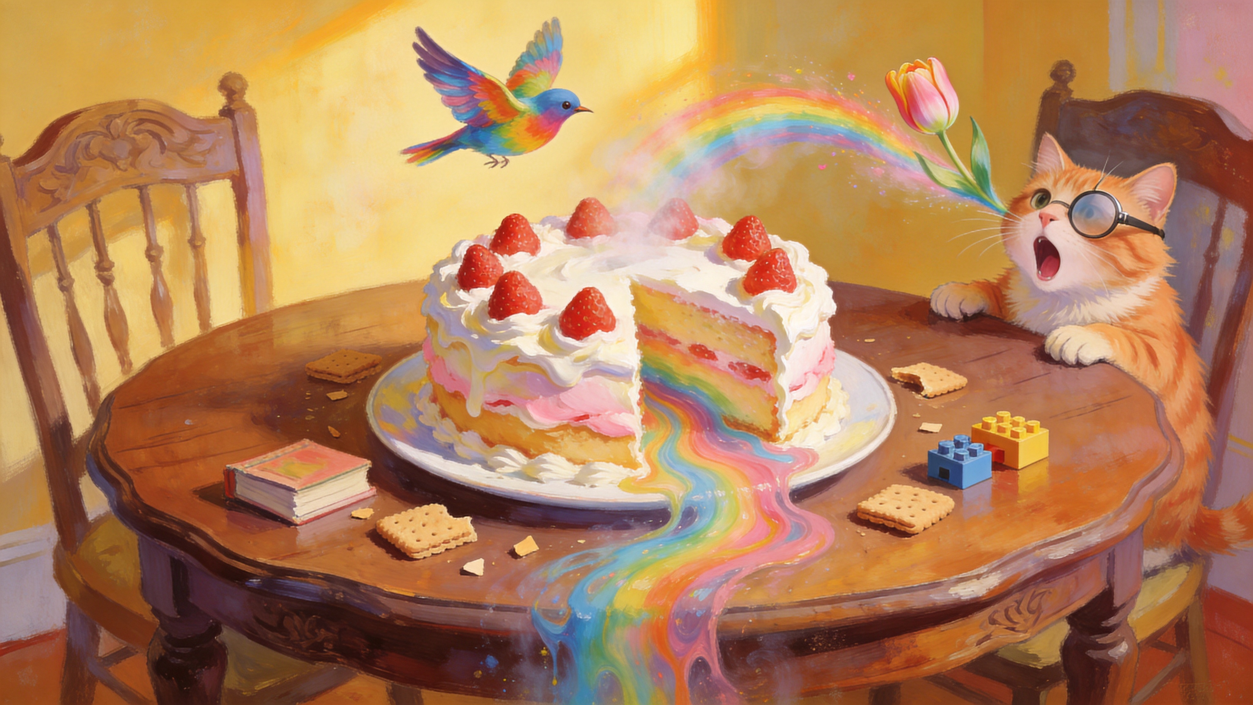 一幅充满童趣和想象力的超现实主义静物画。画面中心是一张复古的木质餐桌，桌面上摆放着一只刚刚出炉的、热气腾腾的草莓奶油蛋糕。然而，从蛋糕切面的奶油层中，竟然流淌出了绚丽的彩虹色流体，这些流体在空中盘旋，逐渐变成了几只色彩斑斓的小鸟，正振翅飞向画面上方。蛋糕周围散落着一些酥脆的饼干碎片，但仔细看，这些碎片其实是微小的书本和乐高积木。背景是温暖的鹅黄色，如同午后的阳光洒在墙上。一只戴着单片眼镜的橘猫正趴在桌角，惊讶地张大嘴巴看着飞出的彩虹鸟，它的尾巴尖端变成了一朵盛开的郁金香。整个画面打破了物理法则，将味觉、视觉和梦境融合在一起，充满了魔幻的惊喜感。

现代数字油画与超现实主义艺术风格，融合了马克·夏加尔的梦幻色彩与古典静物画的构图。笔触细腻且富有肌理感，既有油画的厚重感，又不失数字绘画的通透。色调明亮、高饱和，以暖黄色、粉色和天蓝色为主，营造出温馨、快乐且甜蜜的视觉体验。光影柔和均匀，模拟室内的漫反射光，强调物体圆润的体积感。画面注重材质的对比，如奶油的绵密、木纹的粗糙、彩虹的流动感以及猫毛的蓬松感。整体风格既像是一个精致的童话绘本插图，又像是一幅富有哲理的艺术画作。