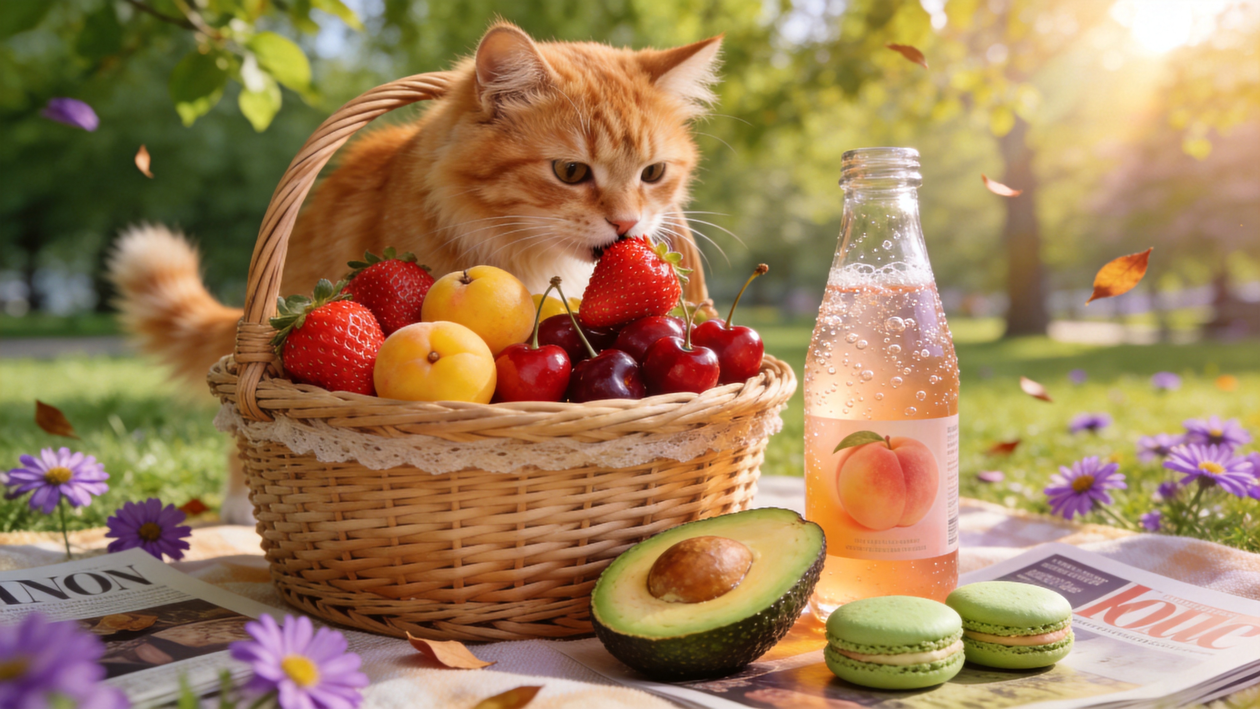 暮春时节的阳光透过茂密的绿叶洒在户外，画面中心是一个精致的野餐篮，里面装满了刚采摘的时令水果：鲜红欲滴的草莓、金黄透枇杷、几颗红润的樱桃和半个切开的牛油果。旁边摆放着一瓶冒着气泡的桃子气泡水和两块抹茶口味的马卡龙。背景是虚化的公园草地，零星散落着几朵紫色的小雏菊和飘落的树叶。一只毛茸茸的橘猫正好奇地凑近草莓，似乎想要闻一闻。整个场景充满了春天的生机与午后的慵懒惬意。

商业美食摄影风格，追求极致的画质与真实感。采用大光圈虚化背景，突出主体美食。光线采用明亮通透的自然光，带有逆光产生的轮廓光，增加食物的晶莹感。色彩饱和度稍高，清新明快，强调果皮的光泽感和饮料的气泡细节。画面具有高动态范围（HDR），细节锐利，像是一张精美的杂志封面大片。