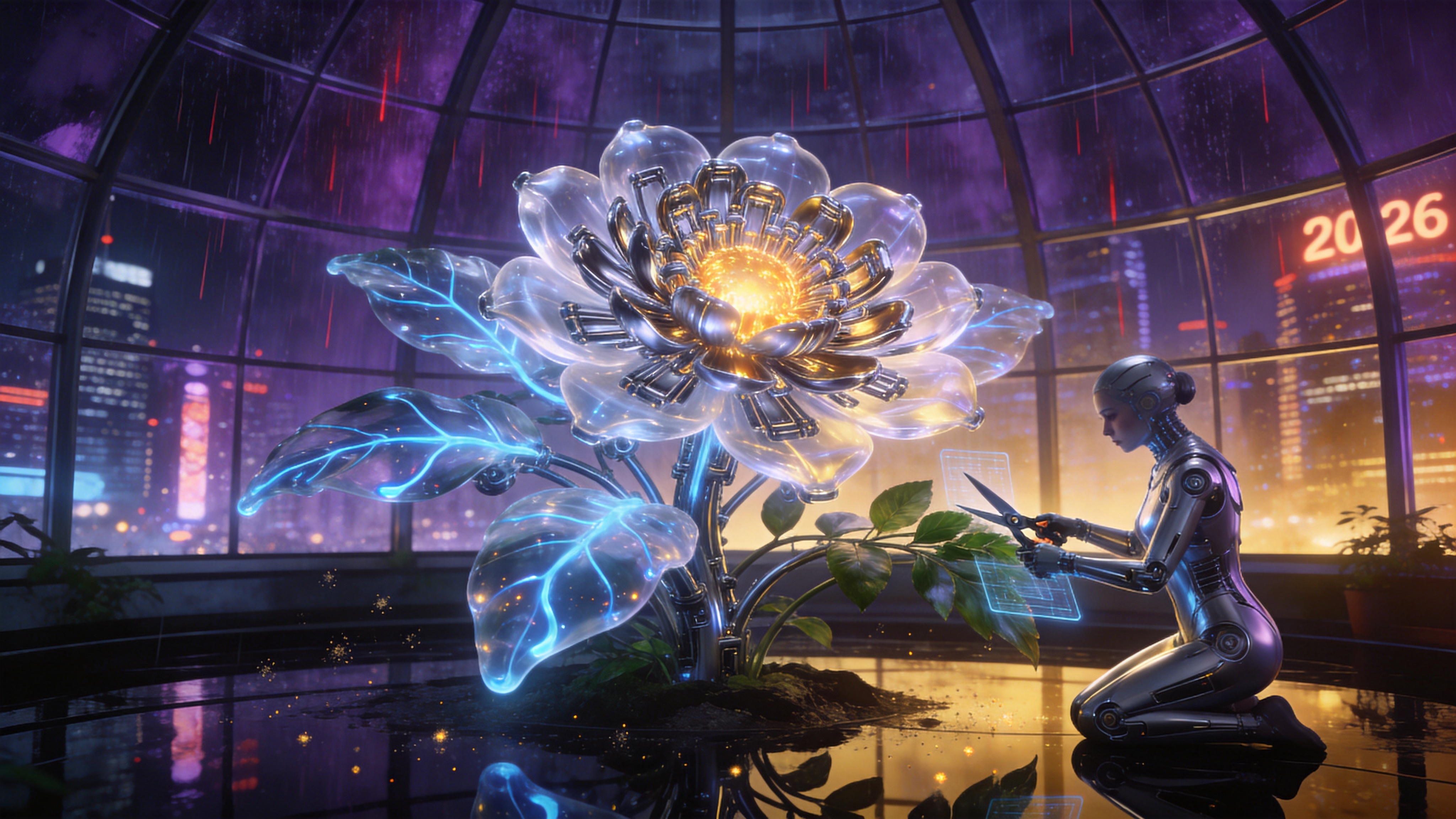 一个极具未来感的赛博朋克温室内部，时间是深夜。巨大的透明穹顶之外，是2026年繁华都市的霓虹夜景，紫红色的雨丝在窗外划过。温室中央生长着一株巨大的、发光的机械植物，它的叶片是半透明的生物凝胶材质，脉络中流淌着蓝色的荧光液。这株植物正在开花，花朵由无数精密的金属花瓣组成，中心散发着温暖的金色光芒。一个身穿银色紧身连体衣的仿生人园丁正跪在植物前，手中拿着一把全息剪刀，正在修剪枝叶。空气中漂浮着微小的发光尘埃，地面是光滑的黑色镜面，倒映着这奇幻的一幕。

3D 概念艺术与科幻写实风格，参考《银翼杀手》美学。高对比度，冷暖色调强烈碰撞（窗外的冷紫雨夜与室内的暖金光芒）。材质渲染极度精细，强调金属、玻璃、发光流体的质感。光影具有戏剧性，体积光效果明显，画面锐利清晰，充满科技冷感与生命温暖的张力。