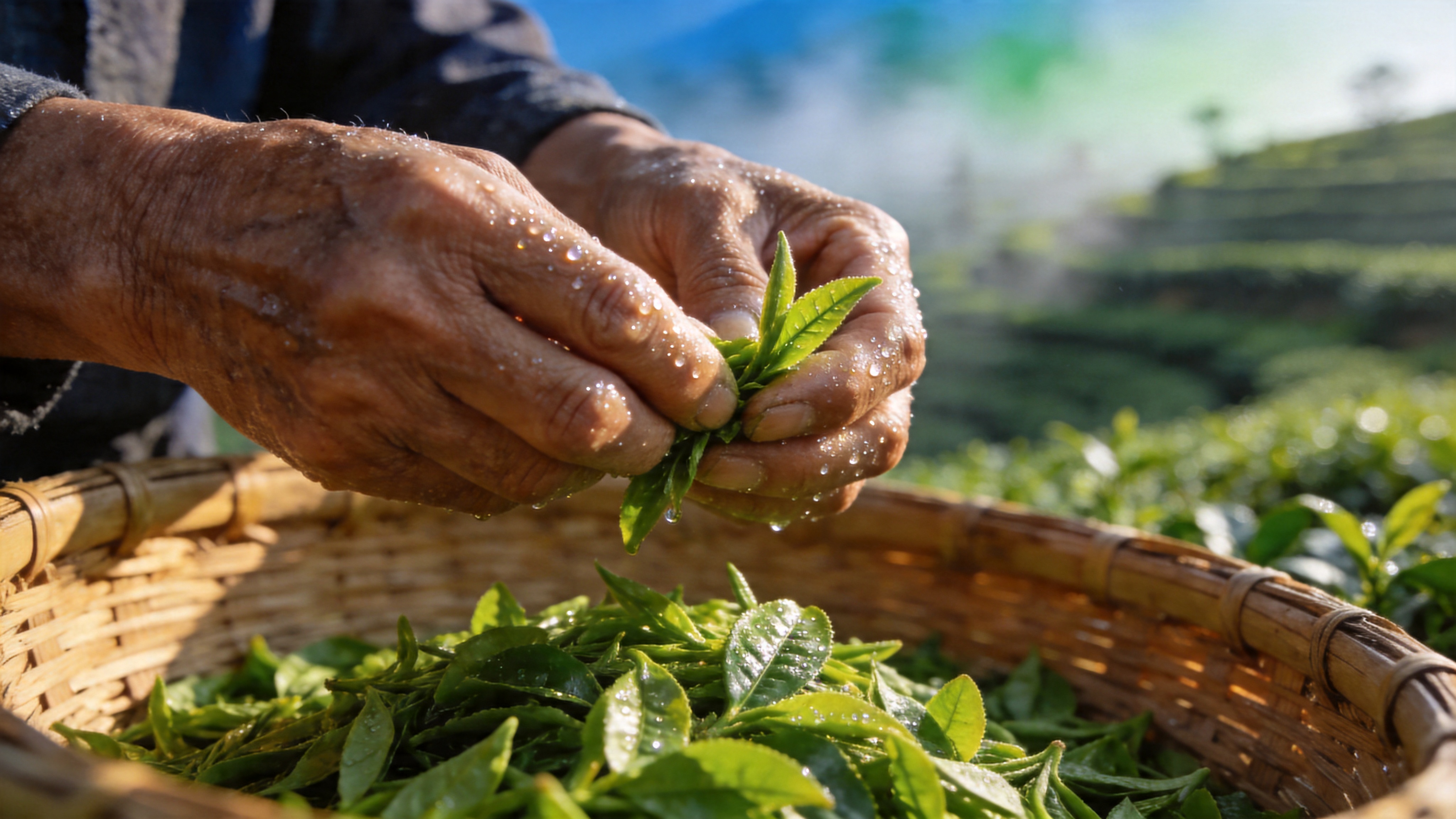 4月20日的乡野田间，正是谷雨前后采茶的好时节。画面采用特写视角，聚焦在一双布满岁月痕迹的手上，这双手正小心翼翼地采摘一片嫩绿的芽叶。背景是虚化处理的层层叠叠的茶山梯田，在晨雾中呈现出丰富的蓝绿色渐变。指尖沾染着清晨的露珠，晶莹剔透，阳光从侧后方照射过来，将露珠和叶脉照得透亮。竹编的茶篓放在一旁，里面已经铺满了一层新鲜的茶叶，充满了劳动的质朴美和时令的鲜活感。

国家地理杂志风格的人文摄影。使用85mm焦段镜头拍摄，拥有极浅的景深，主体清晰锐利，背景奶油般虚化。色彩还原真实自然，强调皮肤的质感和植物的绿色饱和度。光线采用温暖的侧逆光，勾勒出轮廓光，增强画面的立体感和情感温度，整体构图温馨且具有故事性。