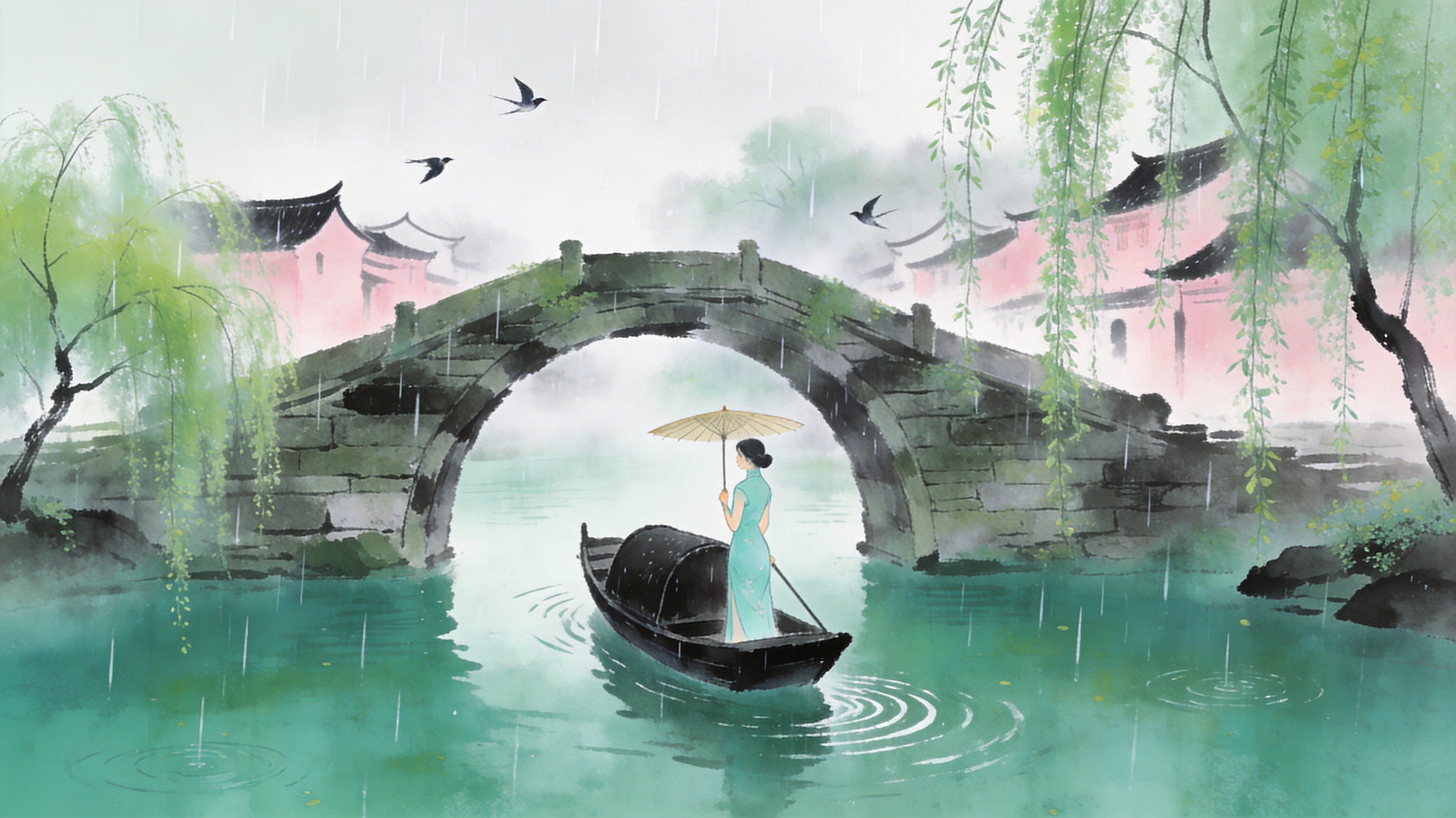 2026年4月4日清晨，江南烟雨蒙蒙。画面中心是一座古老的石拱桥，横跨在碧绿的春水之上。岸边垂柳依依，嫩绿的柳枝随风轻拂水面，泛起层层涟漪。远处是粉墙黛瓦的徽派建筑，在晨雾中若隐若现。近处一艘乌篷船正缓缓穿过桥洞，船头坐着一位身着淡青色旗袍的女子，手撑一把油纸伞，回眸凝视，神情温婉。空中飘着细密的春雨，几只燕子在雨中低飞掠过，充满生机与诗意。

新中式水墨风格，结合了传统水墨的晕染技法与现代插画的细腻度。色调以青、绿、白为主，营造清冷雅致的氛围。笔触虚实结合，远景大面积留白处理以表现烟雨迷离，近景细节精致。光影柔和漫射，强调空气感和湿润的质感，画面具有极高的东方美学意境。