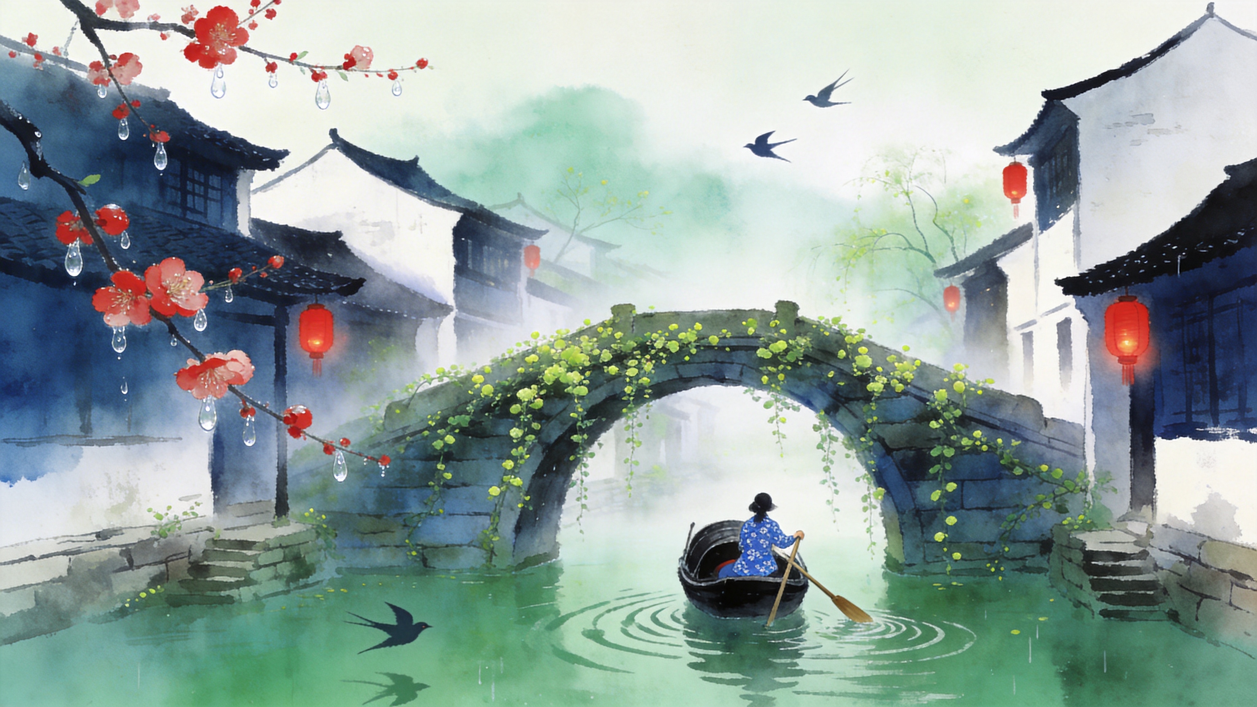 画面定格在初春的江南水乡，时间是清晨，薄雾尚未散去。一座古老的石拱桥横跨在碧绿的河面上，桥身上爬满了刚刚萌发嫩芽的青藤。一艘乌篷船正缓缓穿过桥洞，船头坐着一位身着蓝印花布衣裳的船娘，正在轻轻摇橹，荡起层层涟漪。两岸的白墙黛瓦民居错落有致，屋檐下挂着几盏未熄的红灯笼。一枝早春的红梅从画面左侧探出，花瓣上挂着晶莹剔透的露珠，几只燕子正掠过水面，留下一道道优美的剪影。整体氛围宁静致远，充满了苏醒的生机。

新中式水墨插画风格，结合了工笔画的细腻与水墨画的写意。色调以青绿、黛蓝为主，点缀梅花的朱砂红。笔触湿润通透，注重留白艺术，光影处理柔和朦胧，具有宣纸的纹理质感，营造出一种'烟雨江南'的诗意美感。