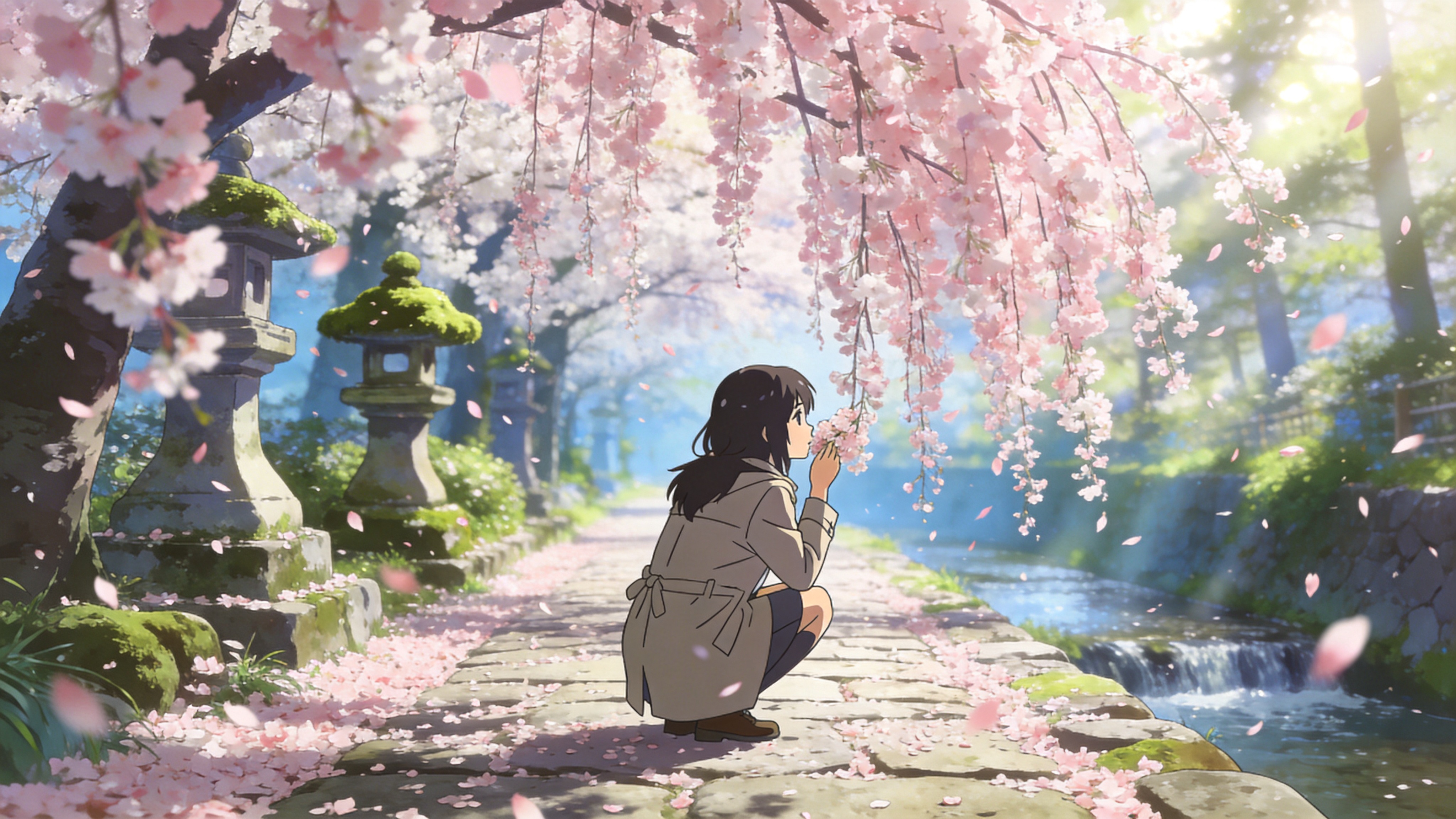 画面定格在2026年3月20日春分时节的京都哲学之道。樱花正处于最绚烂的盛花期，粉白色的花瓣如云霞般覆盖在古老的石板路两侧。一位身穿现代简约风衣的年轻女性背对镜头，正蹲下身子轻嗅一朵低垂的枝樱。微风吹过，无数花瓣在空中飞舞，形成一道梦幻的粉色帘幕。远处隐约可见苔藓覆盖的石灯笼和潺潺流淌的小溪，阳光透过树梢洒下斑驳的光影，空气中弥漫着春日特有的清新与浪漫气息。

新海诚动漫风格，超高清8K分辨率，极致的光影渲染，强调环境光遮蔽效果。色彩清新透亮，以粉色、嫩绿和天蓝为主色调。画面具有极强的景深感，背景虚化自然，线条细腻流畅，充满日系青春电影的治愈感和空气感。