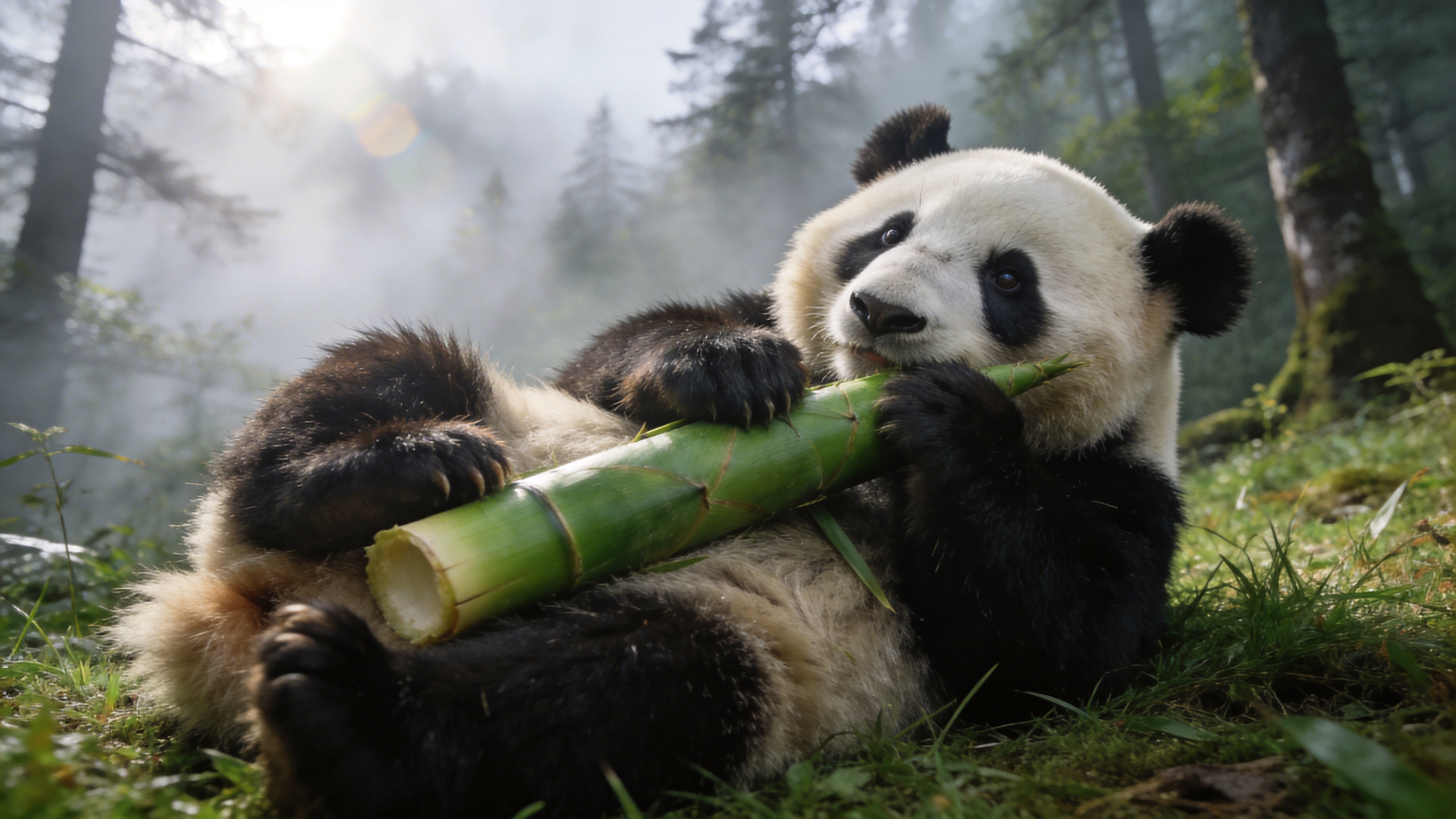 一只憨态可掬的大熊猫正抱着翠绿的竹笋躺在草地上打滚，背景是四川卧龙自然保护区雾气缭绕的森林，阳光穿透薄雾，熊猫的毛发清晰可见，眼神无辜可爱。

超写实动物摄影，长焦压缩背景，自然光，毛发细节极致，浅景深，生动瞬间，国家地理获奖作品风格，8K画质。