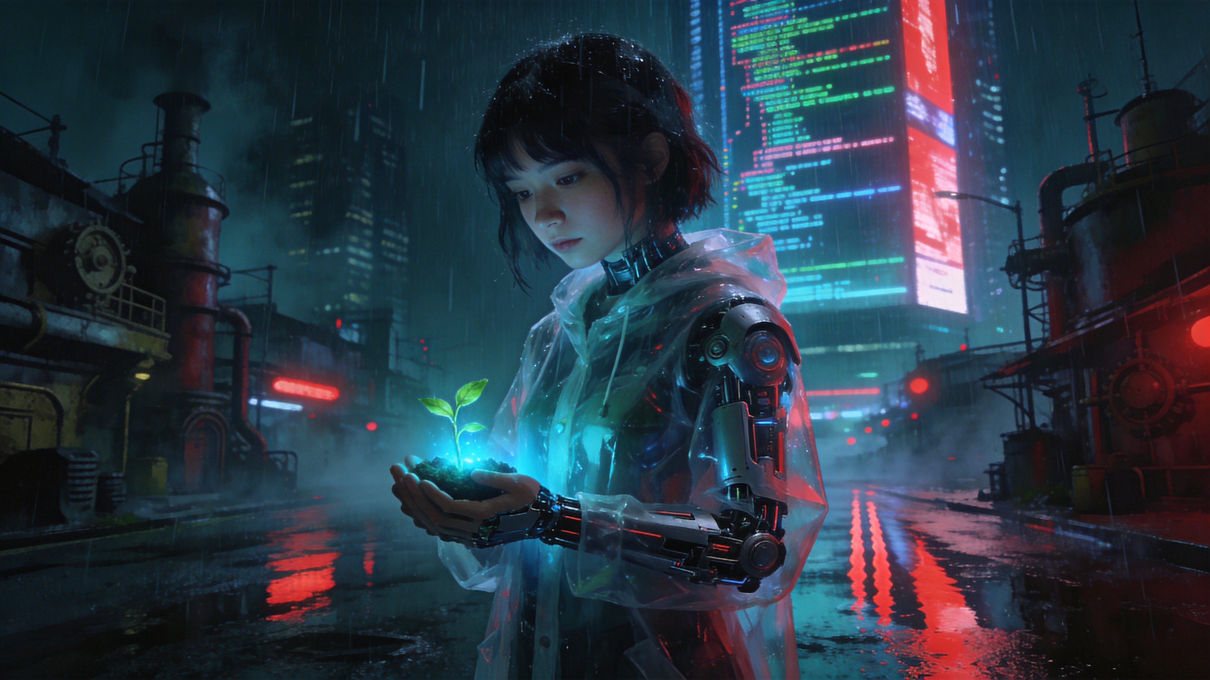2026年4月的赛博朋克都市夜景，天空下着细密的冷雨，霓虹灯在积水的路面上拉出长长的倒影。主体是一个穿着透明雨衣的机械少女，她的左臂是精密的机械义肢，手中捧着一株发着微弱生物蓝光的嫩绿新芽，象征着钢铁丛林中的生命。背景是高耸入云的全息广告牌，播放着复杂的代码流，街道两旁是拥挤的蒸汽朋克风格建筑，雨雾缭绕，营造出一种孤独而神秘的氛围。

概念艺术与科幻插画风格，强烈的冷暖色调对比（青色与洋红），体积光渲染，厚涂质感，电影级构图，赛博朋克美学，精细的机械细节刻画，湿润的表面材质，虚幻引擎5（UE5）渲染质感，光影戏剧化，具有未来主义的冷峻美感。