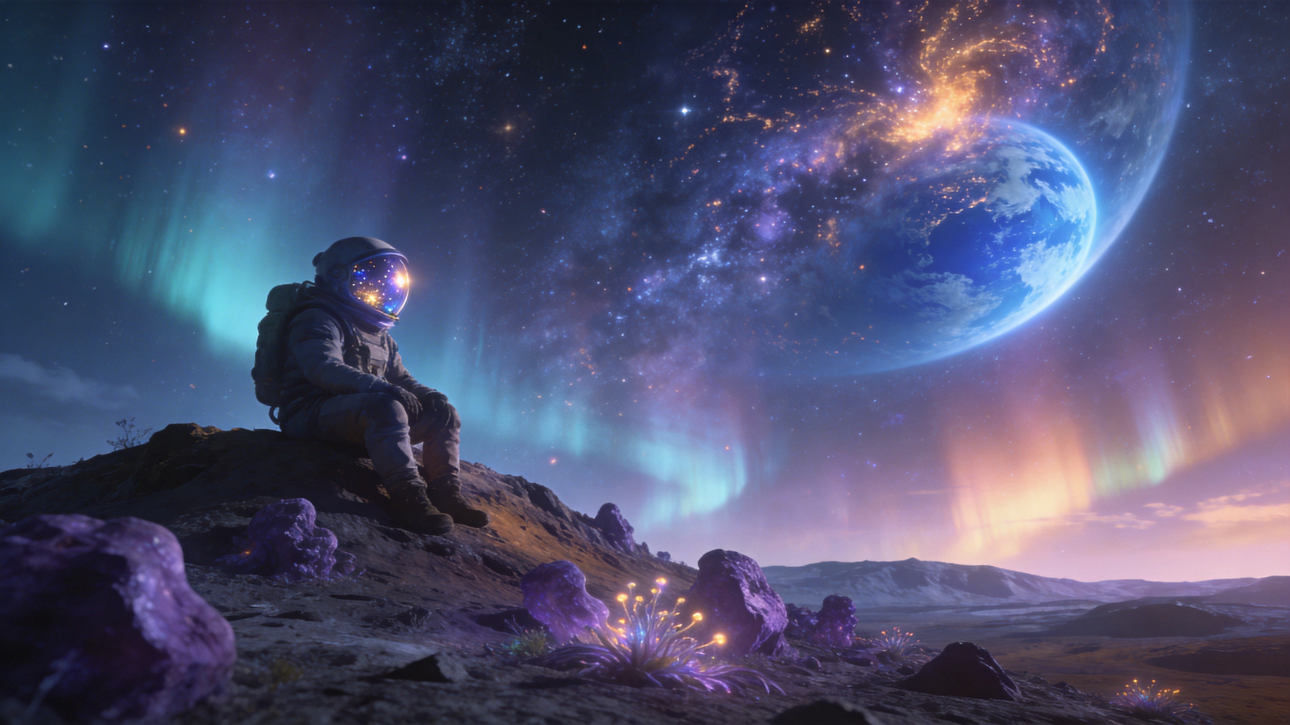 一位宇航员孤独地坐在一颗荒芜星球的山丘上，面罩反射着璀璨的星云和蓝色的地球，脚下是奇异的紫色岩石和发光的植物，天空是绚丽的极光，充满宇宙的浩瀚与寂寥。

科幻电影概念设计，宽幅画布，史诗级场景，写实渲染，光影效果震撼，色彩丰富但偏冷，太空歌剧风格，IMAX画质。