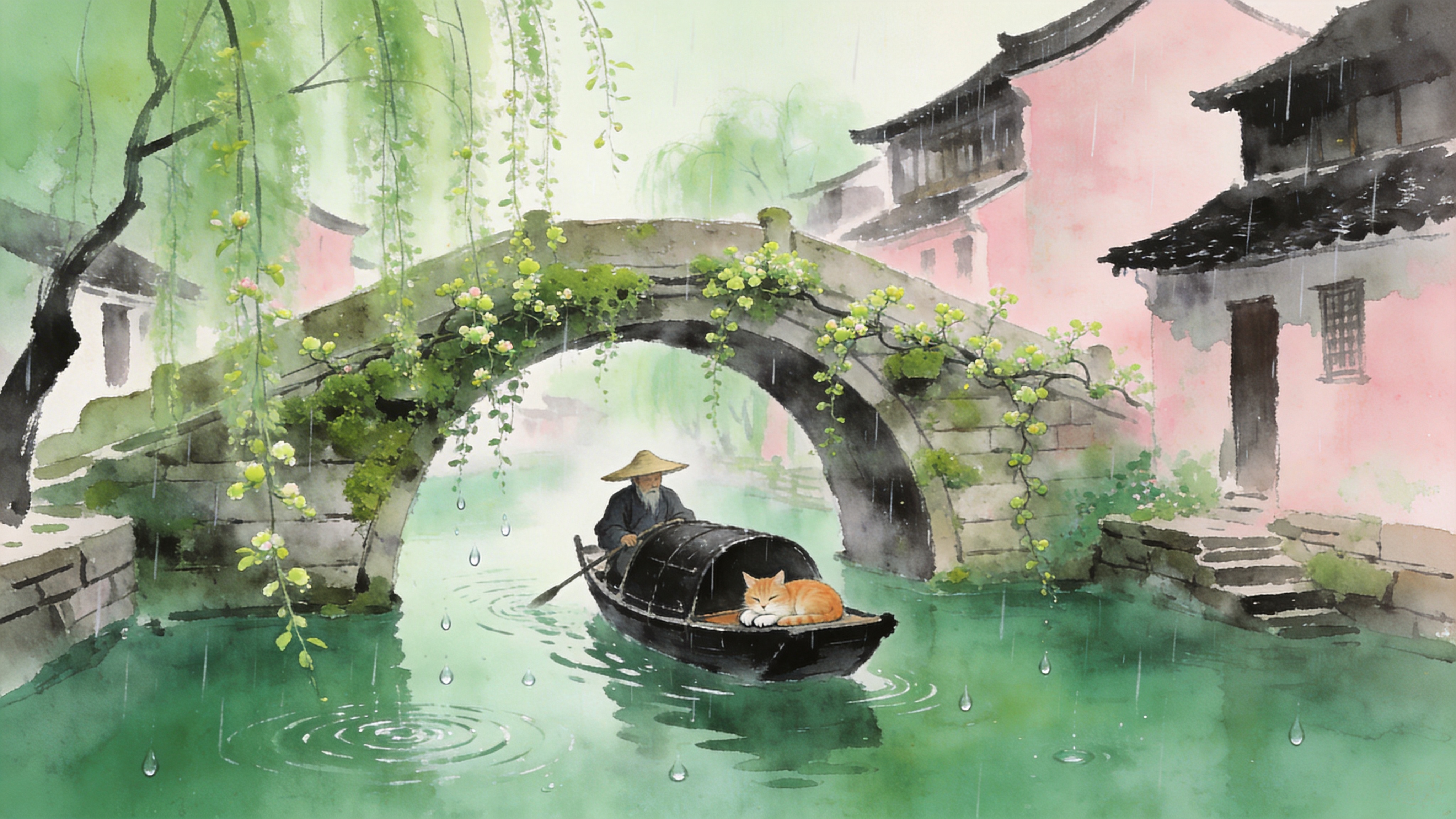 春分时节的江南水乡，烟雨蒙蒙。画面聚焦于一座横跨碧绿河水的古老石拱桥，桥身上爬满了嫩绿的青苔和刚发芽的藤蔓。一艘乌篷船正缓缓穿过桥洞，船头坐着一位戴着斗笠的老渔翁，身边趴着一只慵懒的橘猫。岸边是错落有致的粉墙黛瓦民居，几株垂柳将嫩绿的枝条探入水中，随着细雨轻轻摇曳。雨滴落在水面上激起层层涟漪，整个世界仿佛被笼罩在一层湿润、清透的翠绿色滤镜中，充满了诗意和宁静。

中国传统水墨画风格与现代水彩技法结合，湿画法渲染，留白艺术，淡雅的青绿色调（仿古画配色），笔触潇洒灵动，注重意境的营造，纸张纹理感，柔和的自然漫射光，画面具有呼吸感和流动的水气感。