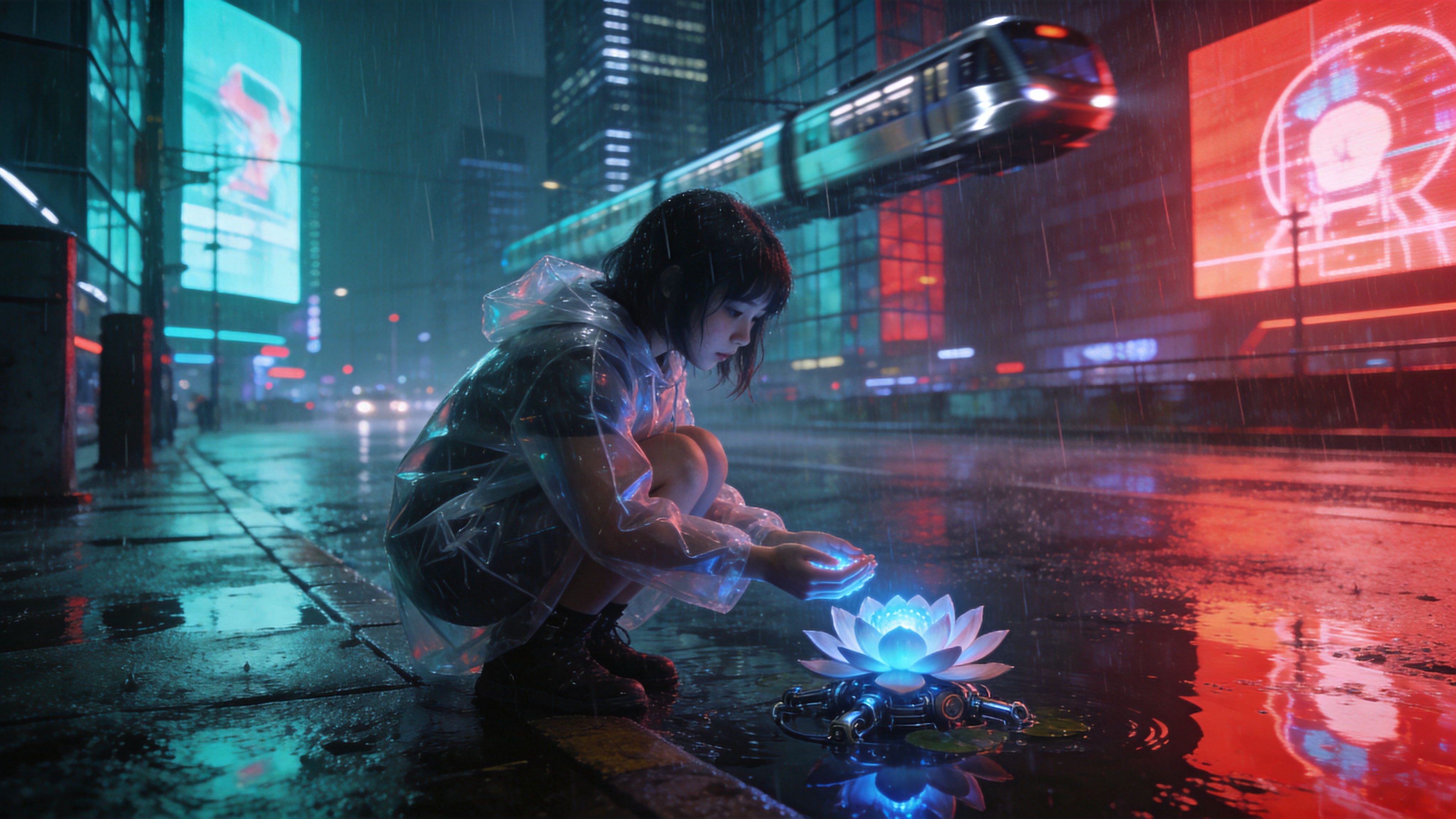 2026年未来城市的雨夜，巨大的全息广告牌在积水的街道上投下霓虹倒影。一名穿着透明雨衣的少女正蹲在路边，手中捧着一朵在雨中发着微弱蓝光的机械电子莲花。街道两旁是高耸入云的玻璃幕墙建筑，空中穿梭着悬浮列车，雨丝像银色的线条般划破画面，整个场景既湿润又充满科技感，孤独与希望并存。

赛博朋克电影摄影风格，强调高对比度和冷暖色调的强烈碰撞（青色与洋红色）。光影采用电影级的布光，强调霓虹灯的漫反射和金属的湿润质感。景深效果突出，背景虚化，细节锐利，具有强烈的体积感和电影大片质感。