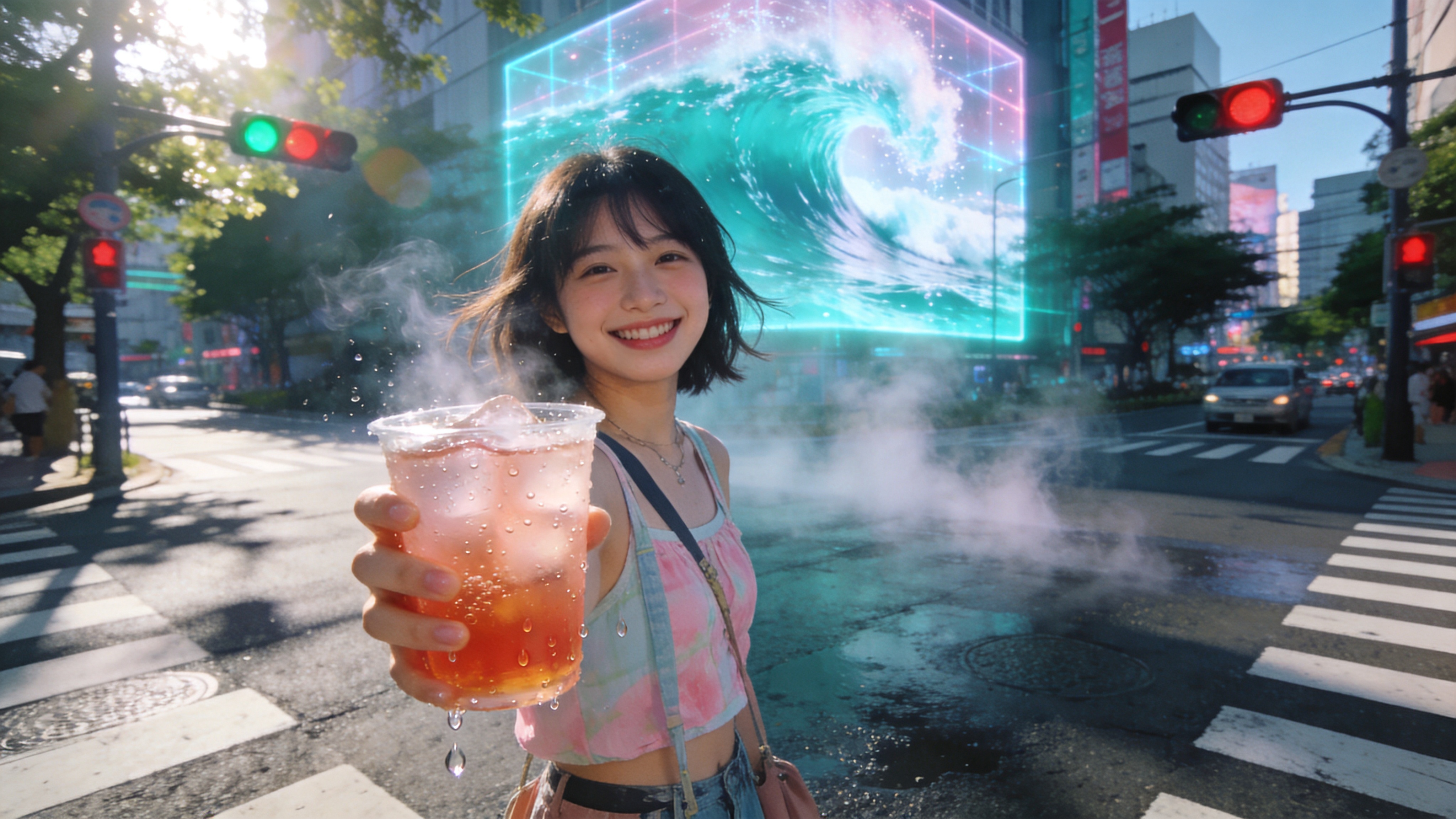 2026年盛夏的东京街头，一名穿着清凉时尚的少女正站在十字路口等待红绿灯。她手里拿着一杯冒着冷气的冰镇蜜桃乌龙茶，杯壁上的水珠正顺着指缝滑落。背景是模糊的繁华都市景象，巨大的全息广告牌投射出清凉的海浪影像，与柏油路面上升腾的热气形成视觉反差。阳光透过行道树的缝隙洒下斑驳的光影，少女的脸上洋溢着享受夏日清凉的惬意笑容，发丝在微风中轻轻飘动。

日系赛博朋克摄影风格，色彩鲜艳明快，带有强烈的胶片颗粒感。采用35mm镜头抓拍视角，光圈f/1.8，背景虚化自然。色调以清新的青色和蜜桃粉为主，高光部分略带过曝以增强夏日炎热感，阴影部分保留丰富细节。整体画面具有强烈的时尚杂志封面质感，充满青春活力与未来科技感。
