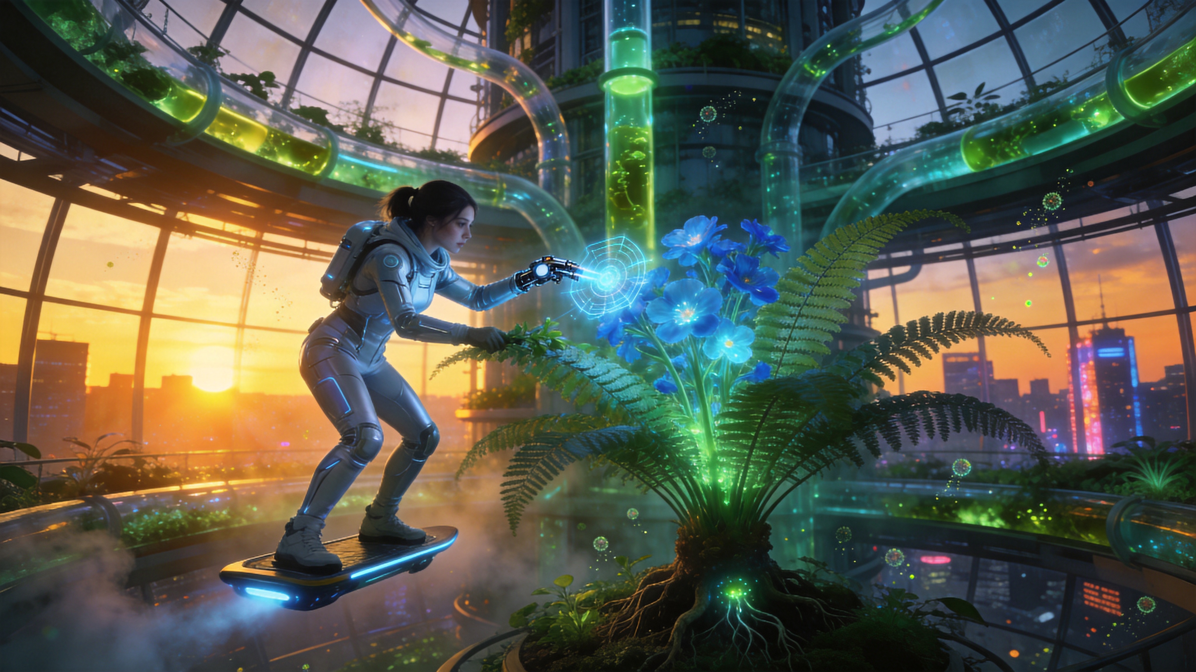 一个未来的垂直农场塔楼内部，时间是2026年4月26日的黄昏。巨大的玻璃穹顶外是城市金色的夕阳余晖，而塔楼内部是一个多层立体生态空间。无数透明的管道像血管一样穿梭在空中，里面流淌着翠绿色的营养液，培育着发光的转基因植物。一位身穿银白色紧身防护服的年轻女性园丁，正悬浮在反重力滑板上，用一只全息机械手修剪一株盛开着蓝色花朵的巨型蕨类植物。植物的根系发出微弱的生物荧光，与背景中城市的霓虹灯光交相辉映。空气中漂浮着发光的孢子尘埃，营造出一种科幻与自然共生的奇异美感。

赛博朋克概念艺术风格，融合了生物科技与未来都市元素。色调冷暖对比强烈，主体植物使用高饱和度的荧光绿和电光蓝，背景夕阳则是温暖的橙金色。光影具有戏剧性，体积光透过烟雾形成光束。材质强调金属、玻璃与发光有机体的质感对比。画面具有电影级的构图，精细度极高，充满未来主义的想象力和视觉冲击力。
