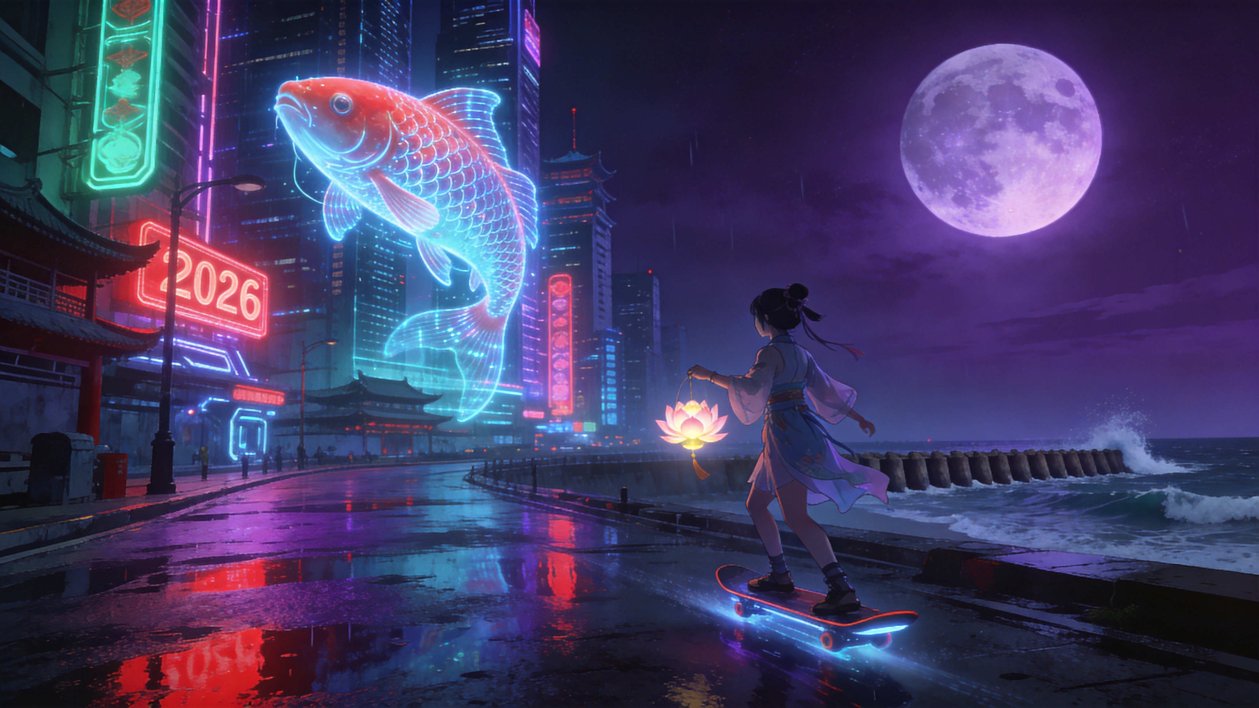未来的东方海滨城市，2026年的仲夏夜。巨大的全息锦鲤在充满霓虹灯牌的摩天大楼间游弋，鳞片闪烁着电子蓝光。街道上积水倒映着紫红色的赛博霓虹，身穿轻薄汉服的少女正操控着悬浮滑板穿梭而过，手中提着一盏发光的荷花灯。远处的海岸线上，海浪拍打着防波堤，一轮巨大的电子满月悬挂在深紫色的夜空中，酷热与科技感交织。

赛博朋克与国潮融合风格，强烈的冷暖色调对比（洋红、青色与深蓝）。光影效果复杂，包含体积光、霓虹辉光和反射。画面具有电影级的景深，雨后湿润的街道质感，概念艺术插画风格，精细的机械结构设计，充满未来感的细节渲染。