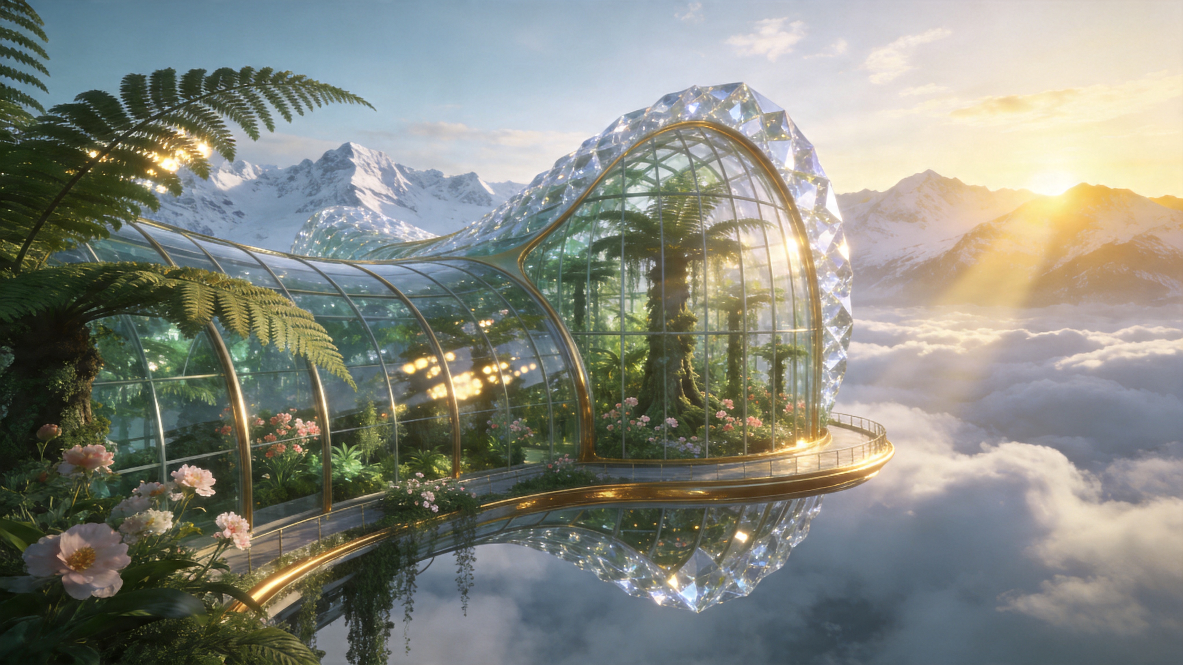 一座漂浮在云海之上的巨型玻璃温室建筑，时间是 2026 年 4 月的清晨。建筑结构融合了现代主义的高技派风格与有机曲线，外形像是一只巨大的水晶贝壳。温室内部可以看到茂密的垂直森林，巨大的蕨类植物和盛开的春季花朵在玻璃穹顶下肆意生长。阳光穿透稀薄的云层和玻璃结构，在植物叶片上投下斑驳的光影。远处是连绵起伏的雪山，金色的朝阳刚刚从山脊线升起，将整个建筑镀上了一层辉煌的金边，象征着生态与科技的共生。

3D 概念艺术与建筑可视化风格。采用广角镜头，展现宏大的场景和壮丽的建筑细节。色调以清新的青绿色、纯净的白色和温暖的晨曦金为主。光影效果体积感强，丁达尔效应（耶酥光）明显，整体风格宏大、空灵、充满希望感。