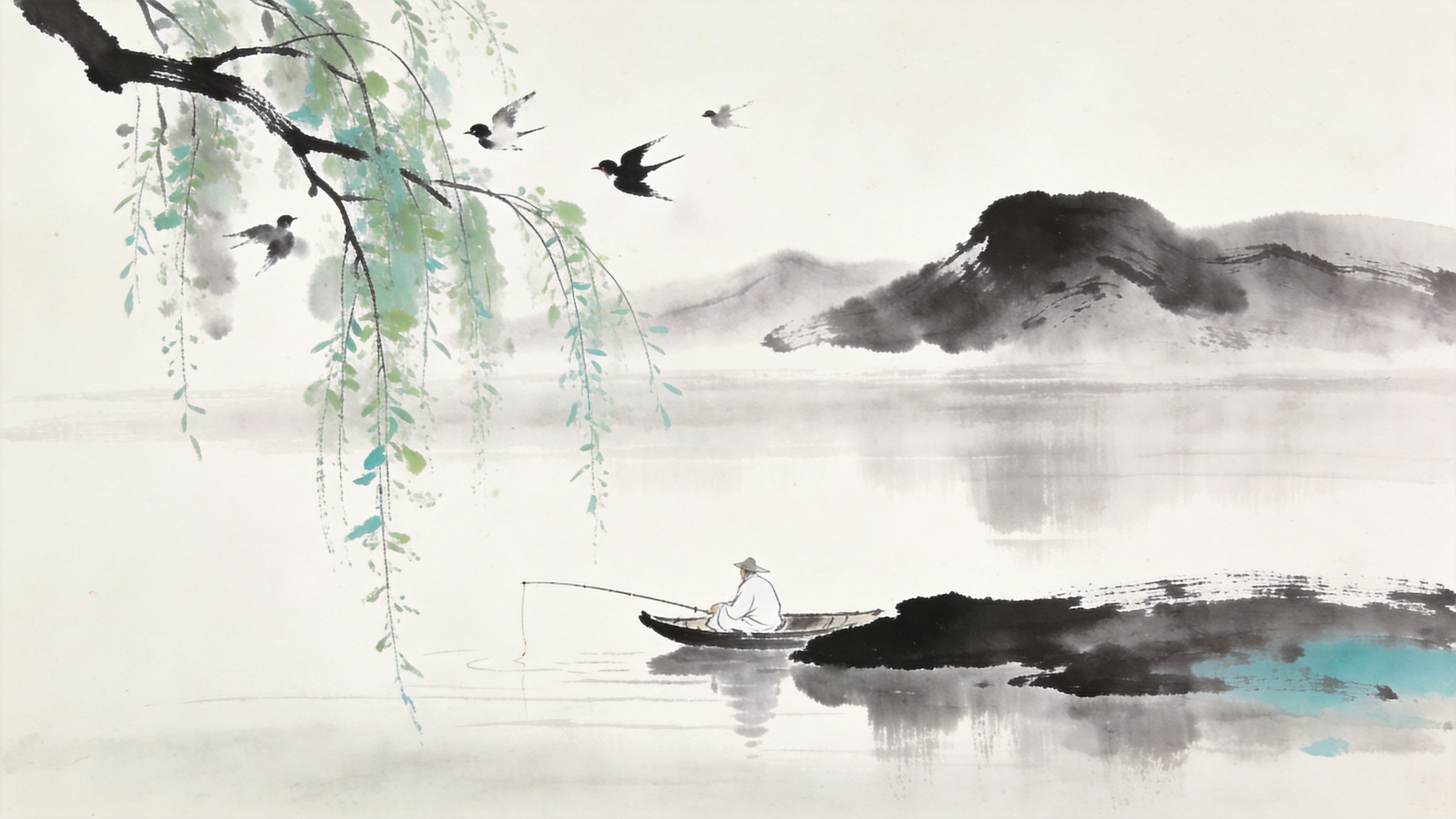 2026年4月的江南水乡春景，画面采用极简的留白构图。近景是一枝从画面左上角斜出的垂柳，嫩绿的柳丝随风轻拂，几只水墨晕染的春燕正在柳枝间嬉戏。中景是一叶扁舟漂浮在平静如镜的湖面上，船头坐着一位身着素衣的渔翁，正在垂钓。远景是一抹淡淡的黛色远山，若隐若现，大片的空白营造出江天一色的辽阔感，体现了清明时节的宁静与致远。

传统中国水墨画风格，大写意笔触，生宣纸的纹理质感，淡雅的墨色层次，留白艺术，气韵生动，色彩以黑白灰为主点缀少许石青和花青，构图高远空灵，笔触苍劲有力，兼具古典韵味与现代审美。