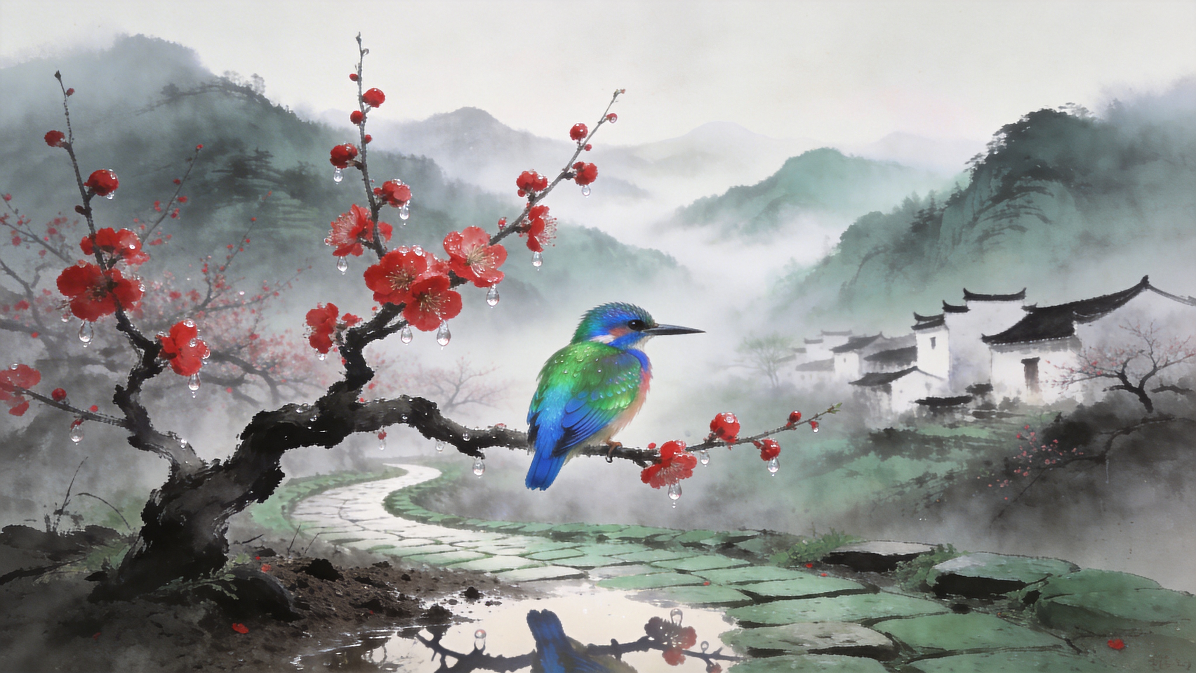 初春的清晨，晨雾缭绕在连绵起伏的山峦之间，山谷中隐约可见几座白墙黛瓦的徽派古建筑。近景是一株盛开的红梅，枝干苍劲有力，红色的花瓣上挂着晶莹剔透的露珠，一只色彩斑斓的翠鸟正停在枝头，羽毛在柔和的晨光下闪烁着翠绿与蓝色的光泽。画面下方是一条蜿蜒的青石板路，路面上有昨夜未干的积水，倒映着梅树的影子，空气中弥漫着湿润泥土和淡淡花香的气息，静谧而富有生机。

新中式水墨摄影风格，结合了传统国画的留白意境与超高清摄影的质感。色调以淡雅的青灰色为主，点缀梅花的朱红和翠鸟的亮蓝。光影采用柔和的漫射光，强调空气感和景深，画面边缘有淡淡的晕影，整体呈现出一种清冷高雅、如诗如画的东方美学意境。