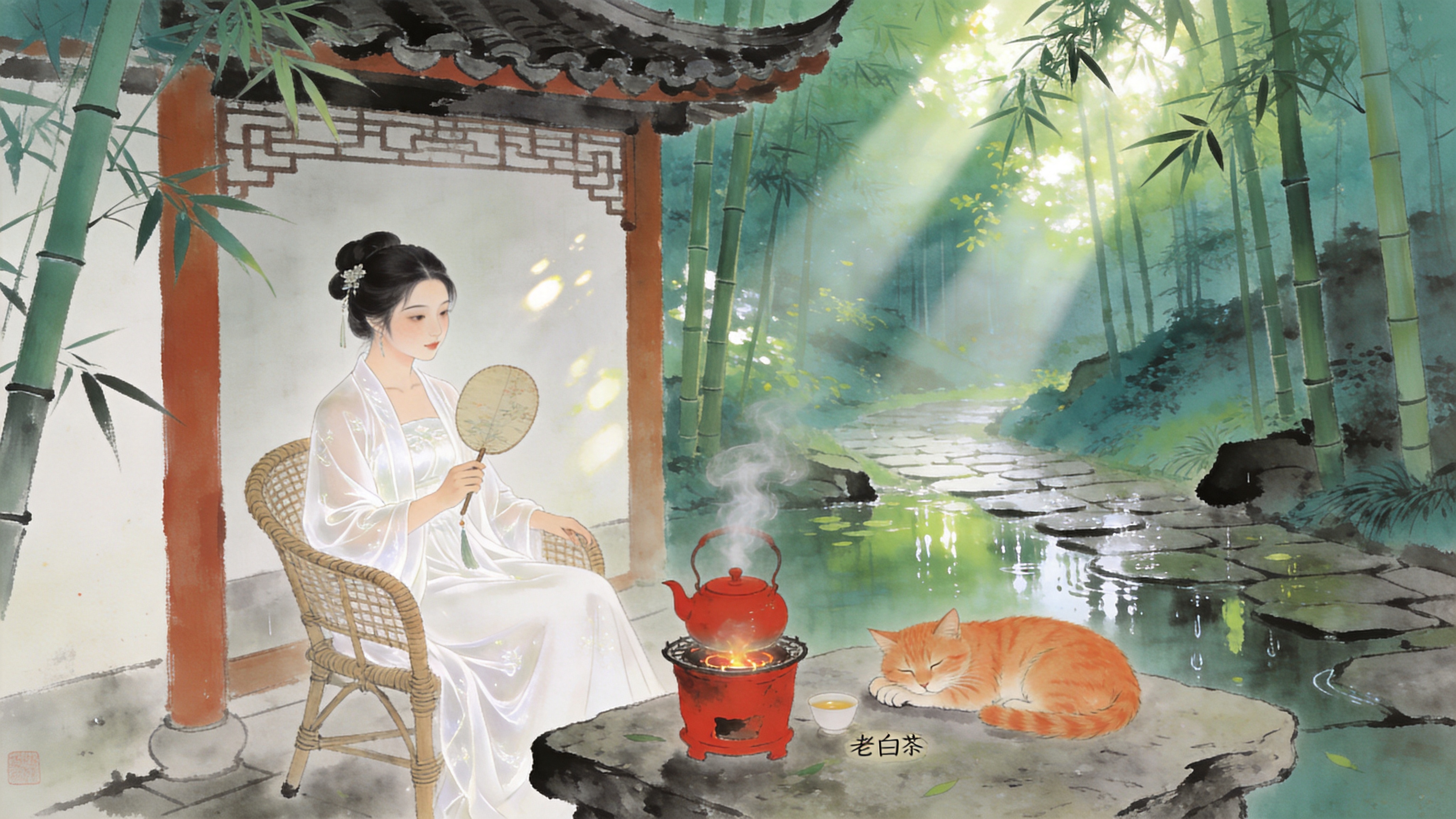 2026年盛夏的午后，一座隐匿于深山竹林中的中式庭院。阳光透过茂密的竹叶缝隙洒下斑驳光影，庭院中央的青石板路上积着昨夜未干的雨水，倒映着翠绿。一位身着月白色丝绸汉服的少女正坐在檐下的藤椅上，手中轻摇一把团扇，身旁的红泥小火炉上煮着老白茶，茶汤翻滚，热气袅袅升起。一只橘猫慵懒地趴在石桌一角打盹，画面充满了夏日避暑的宁静与清凉感，空气中仿佛弥漫着茶香与竹叶的清香。

新中式国风水墨风格，色彩以青绿、月白、赭石为主，色调清雅透亮。笔触细腻柔和，兼具工笔画的写实与水墨画的写意。光影处理强调丁达尔效应（耶稣光），画面质感追求丝绸的顺滑与石板的粗糙对比，构图采用留白手法，营造意境悠远的东方美学氛围。