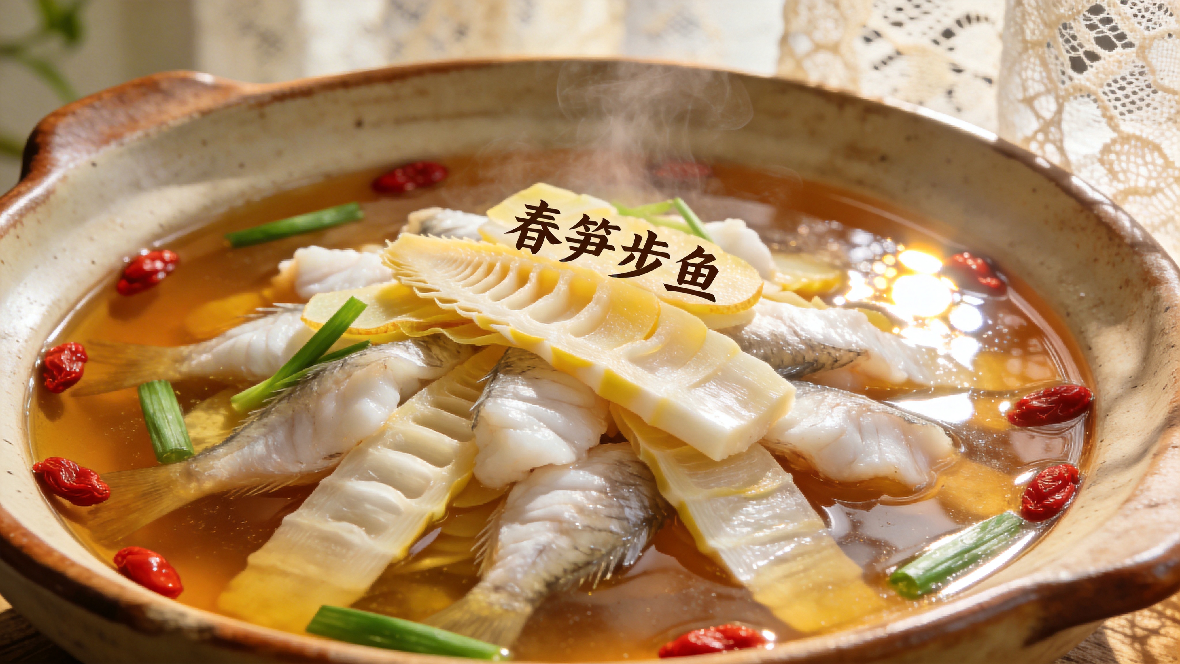 特写镜头下的春日美食盛宴，一只手工打造的粗陶盘中，盛满了晶莹剔透的‘春笋步鱼’。春笋切片薄如蝉翼，色泽微黄嫩白，鱼肉雪白紧实，浸泡在琥珀色的高汤中。盘边摆放着几颗鲜红的枸杞和几片翠绿的香葱叶作为点缀。背景虚化，隐约可见透过蕾丝窗帘洒进来的午后阳光，照在汤面上形成诱人的高光，热气腾腾中仿佛能闻到鲜美的味道，展现了时令食材的极致新鲜。

高级商业美食摄影风格，类似于米其林餐厅菜单的视觉呈现。采用自然光照明，强调暖色调和食物的色泽饱和度。景深极浅，背景呈现奶油般的焦外虚化效果。画质极度锐利，强调食材的纹理细节（如笋的纤维、汤的油润），光影对比明快，整体给人温暖、治愈且富有食欲的视觉体验。