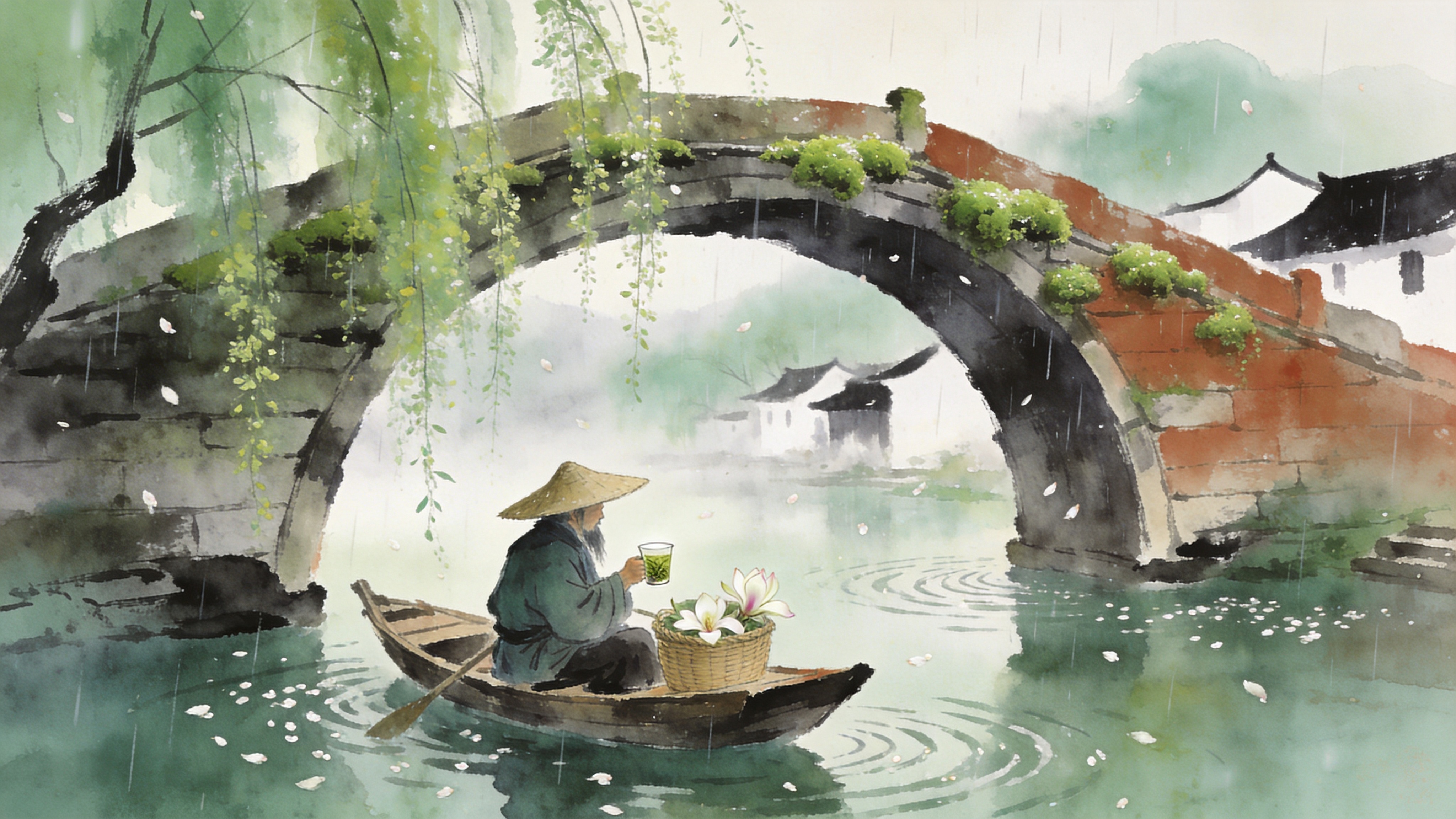 春分时节的江南水乡，烟雨朦胧。画面主体是一座古老的石拱桥，桥身爬满了嫩绿的青苔和垂下的柳枝。桥下是一叶扁舟，一位戴着斗笠的渔翁正坐在船头，手里拿着一杯新采的明前茶，身旁的竹篓里放着几朵刚摘下的玉兰花。远处的白墙黑瓦若隐若现，细密的春雨在水面上激起层层涟漪，柳絮在湿润的空气中飞舞，整个场景透着一种慢生活的诗意。

新中式水墨风格，融合了水彩画的通透感。笔触写意洒脱，留白处理得当。色调以淡墨、青绿和赭石为主，营造出一种湿润、清雅的江南烟雨氛围。光影柔和且漫反射，没有强烈的阴影，强调意境的传达，仿佛一幅流动的古代山水画卷，充满东方禅意。
