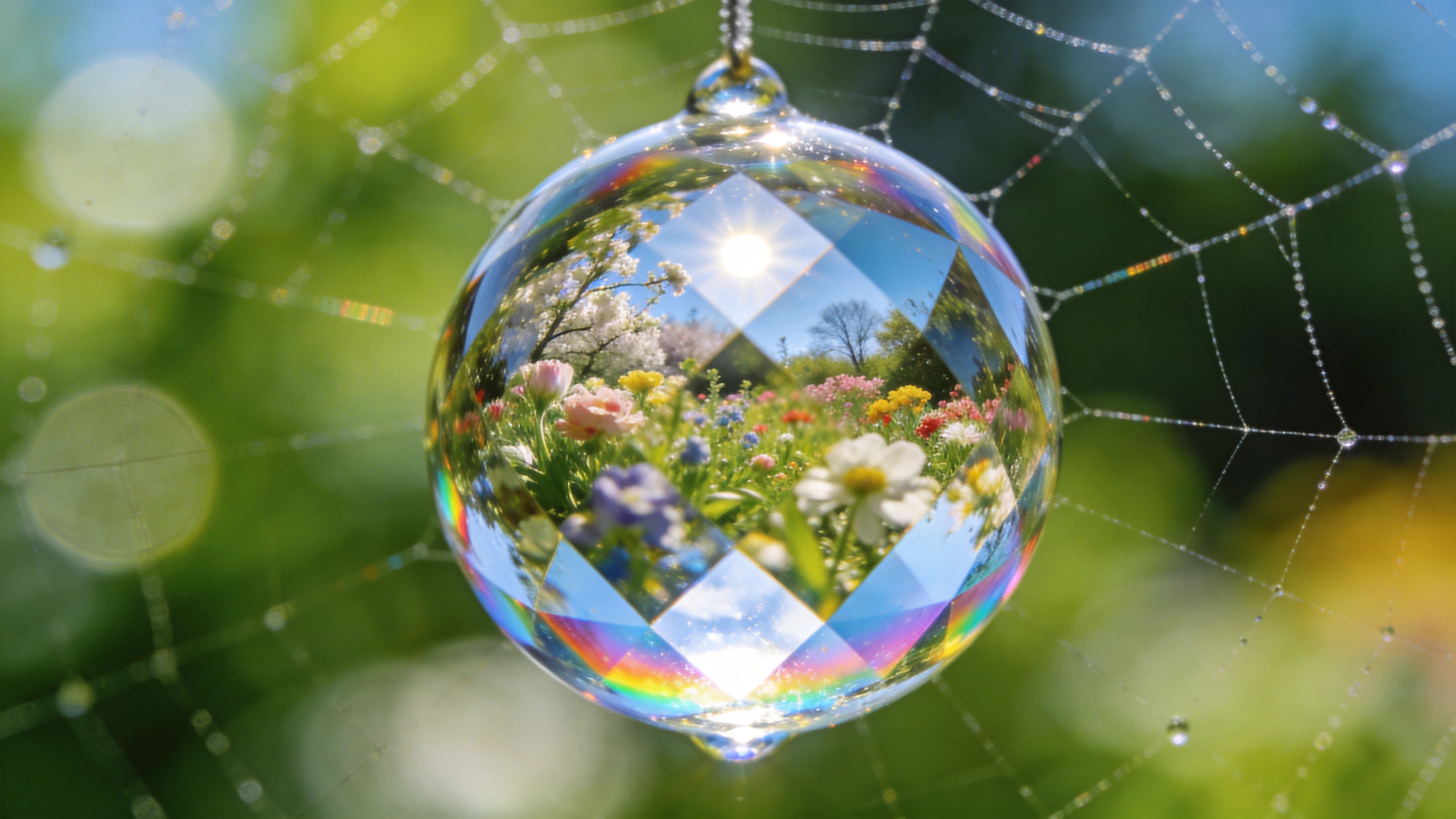 微观视角下的露珠世界，一颗巨大的露珠悬挂在蜘蛛网上，露珠内部倒映着整个春天的花园（花朵、蓝天、太阳），晶莹剔透，背景是模糊的绿色光斑。

微距摄影，极端特写，景深极浅，光线折射，高光锐利，色彩纯净，大自然的几何美学，哈苏相机拍摄，极致细节。