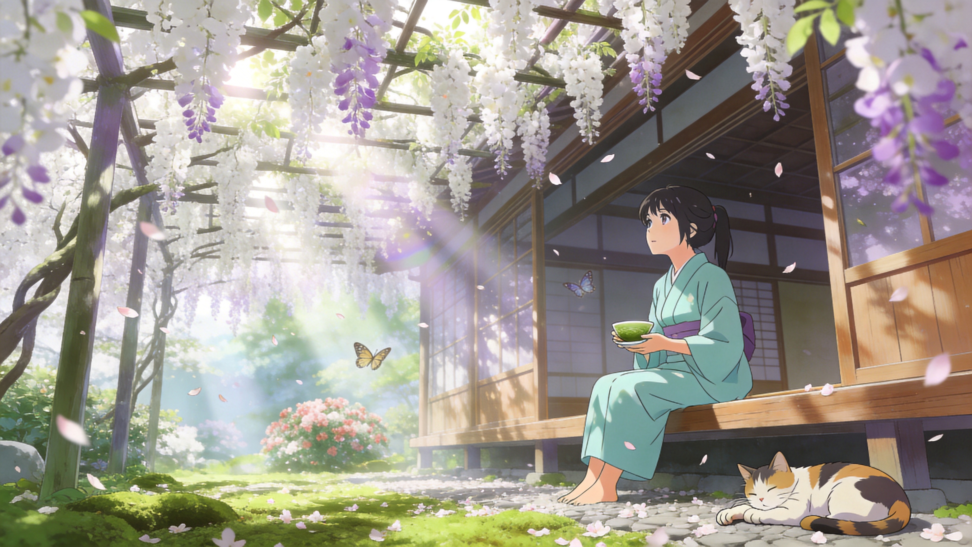 2026年4月12日的春日午后，一座被盛开的白色紫藤花廊架覆盖的日式庭院。阳光透过花隙洒下斑驳的光影，空气中漂浮着细微的花瓣。一位穿着淡青色和服的少女正坐在木质回廊上，手里捧着精致的抹茶碗，眼神温柔地望向庭院中飞舞的蝴蝶。画面右下角有一只三花猫正慵懒地伸着懒腰，地面铺满了新鲜的青苔和落花，远处隐约可见盛开的杜鹃花丛，整体氛围静谧、雅致，充满了春日的生机与禅意。

新海诚动漫风格，高分辨率，超精细的背景作画，强调光影的丁达尔效应和镜头光晕。色彩清新明亮，以白色、淡紫、嫩绿和木色为主调。线条流畅细腻，具有极强的空气感和景深效果，像是一幅精美的动画电影截图，治愈系美学。