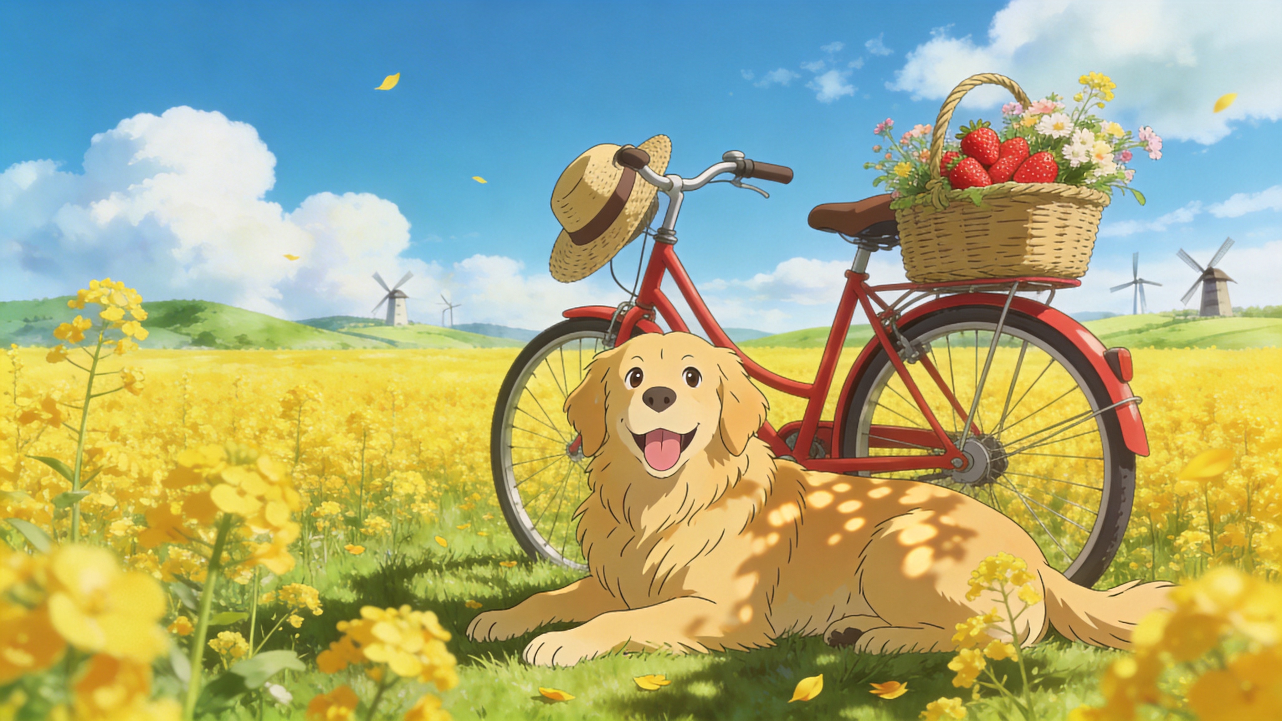一片金黄色的油菜花海，延伸至远处的地平线，正值盛花期。花海中央有一辆复古的红色自行车，车筐里装满了刚采摘的野花和几颗鲜红的草莓，车把上挂着一个草帽。一只毛茸茸的金毛寻回犬正趴在自行车旁，吐着舌头，开心地看向镜头。天空是通透的蔚蓝色，几朵棉花糖般的白云低低地悬浮着，阳光明媚温暖，透过花瓣在草地上投下斑驳的光影。远处可以看到起伏的绿色山丘和几座风车，画面充满了春日踏青的欢快与慵懒气息。

吉卜力动漫风格与日系清新摄影的结合。色彩鲜艳明亮，高饱和度，强调金黄色与天蓝色的对比，给人治愈、温暖的感觉。线条流畅圆润，光影处理柔和自然，模拟正午阳光的通透感。画面具有胶片摄影的颗粒质感，景深效果明显，背景虚化处理得当，整体氛围清新、明亮、充满生活气息。