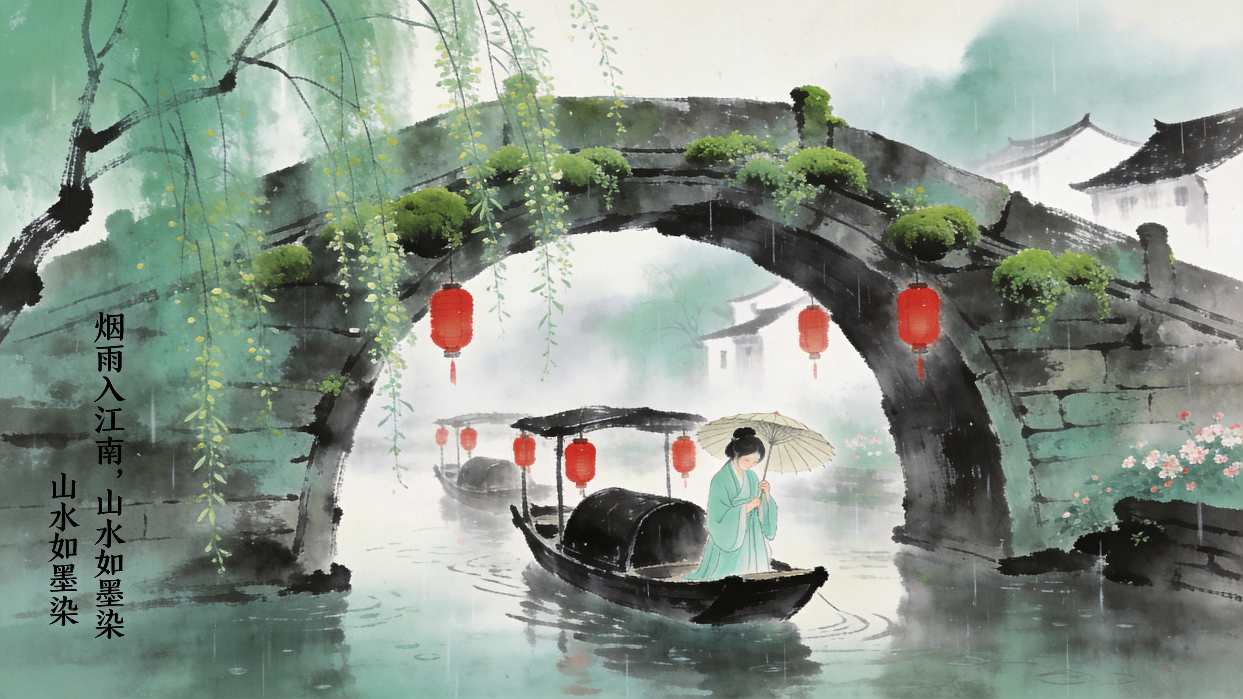 2026年3月中旬的江南春景，画面聚焦于一座古老的石拱桥，桥身爬满了嫩绿的青苔与垂下的新柳枝。桥下流水潺潺，几只挂着红灯笼的乌篷船正缓缓穿过桥洞，船头坐着一位身着淡青色汉服的少女，正低头整理手中的油纸伞。背景是朦胧的烟雨，远处的白墙黛瓦在雾气中若隐若现，空气中弥漫着湿润的泥土气息和淡淡的花香，营造出一种‘烟雨入江南，山水如墨染’的意境。

新中式国风水墨风格，融合了工笔画的细腻与水墨画的写意。色调以青绿、淡墨为主，点缀少许暖色的灯笼红。纸张质感带有宣纸的粗糙纹理，光影处理柔和且漫射，强调空气中的湿润感和烟雨朦胧的层次感，笔触流畅自然，追求传统山水画的留白与气韵生动。