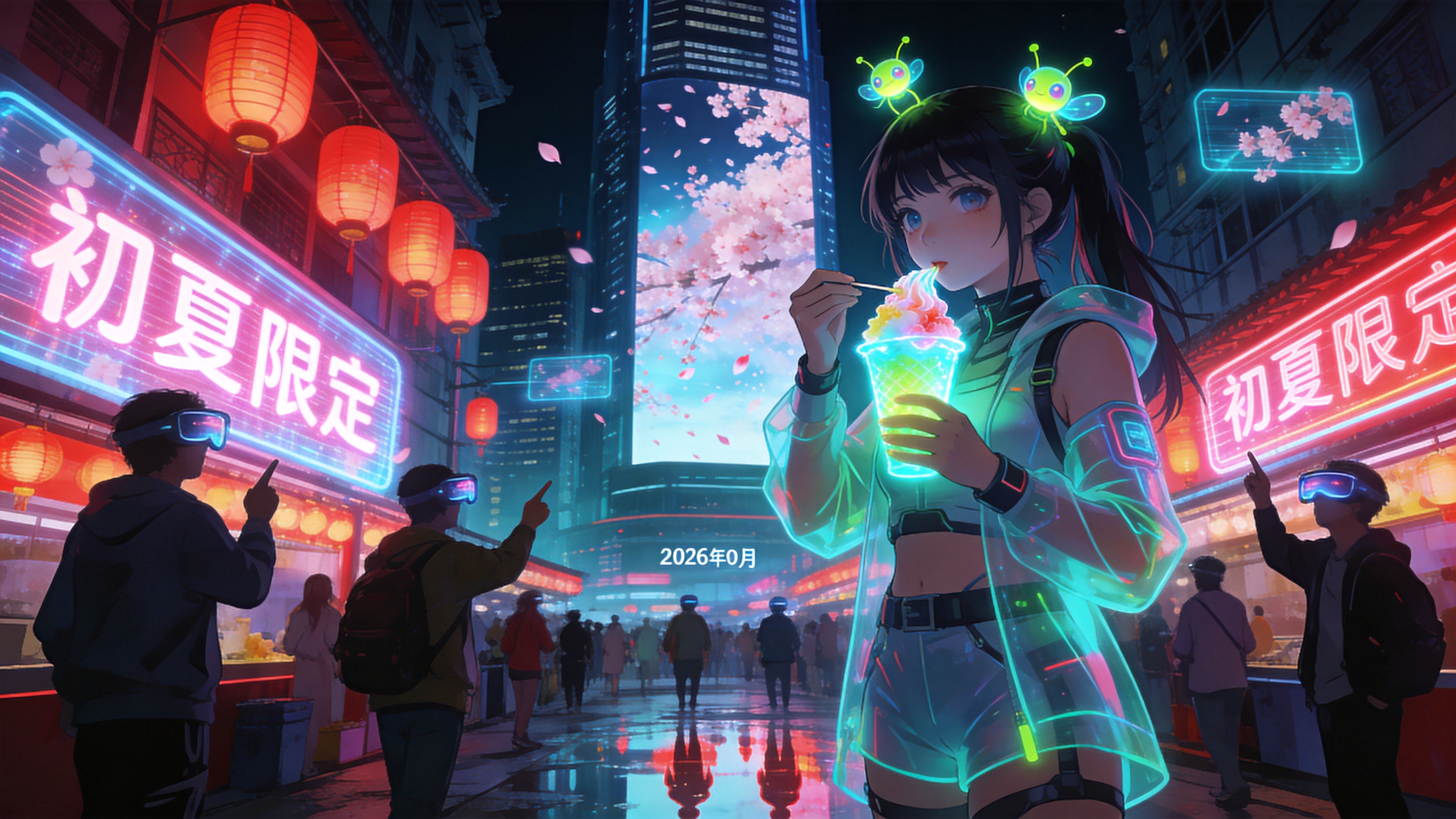 这是一个充满未来感的赛博朋克夜市，设定在 2026 年的 5 月。街道两旁挂满了霓虹灯笼，上面用全息投影投射出“初夏限定”的字样。一位穿着轻薄机能风服饰的少女正在品尝一碗发光的冰镇刨冰，刨冰顶部是造型可爱的电子萤火虫装饰。周围是熙熙攘攘的人群，有人戴着 AR 眼镜在空中指指点点。背景是高耸入云的摩天大楼，巨大的全息广告牌上播放着虚拟的樱花雨，与地面上真实的积水倒影交相辉映，整个场景充满了科技与生活交织的热闹氛围。

赛博朋克动漫风格，色彩浓烈且高对比度，以洋红、青色和电光蓝为主色调。强调体积光和辉光效果，画面具有强烈的纵深感。线条流畅精细，人物造型时尚，背景建筑细节丰富，整体呈现出一种绚丽、迷幻且充满活力的视觉冲击力。
