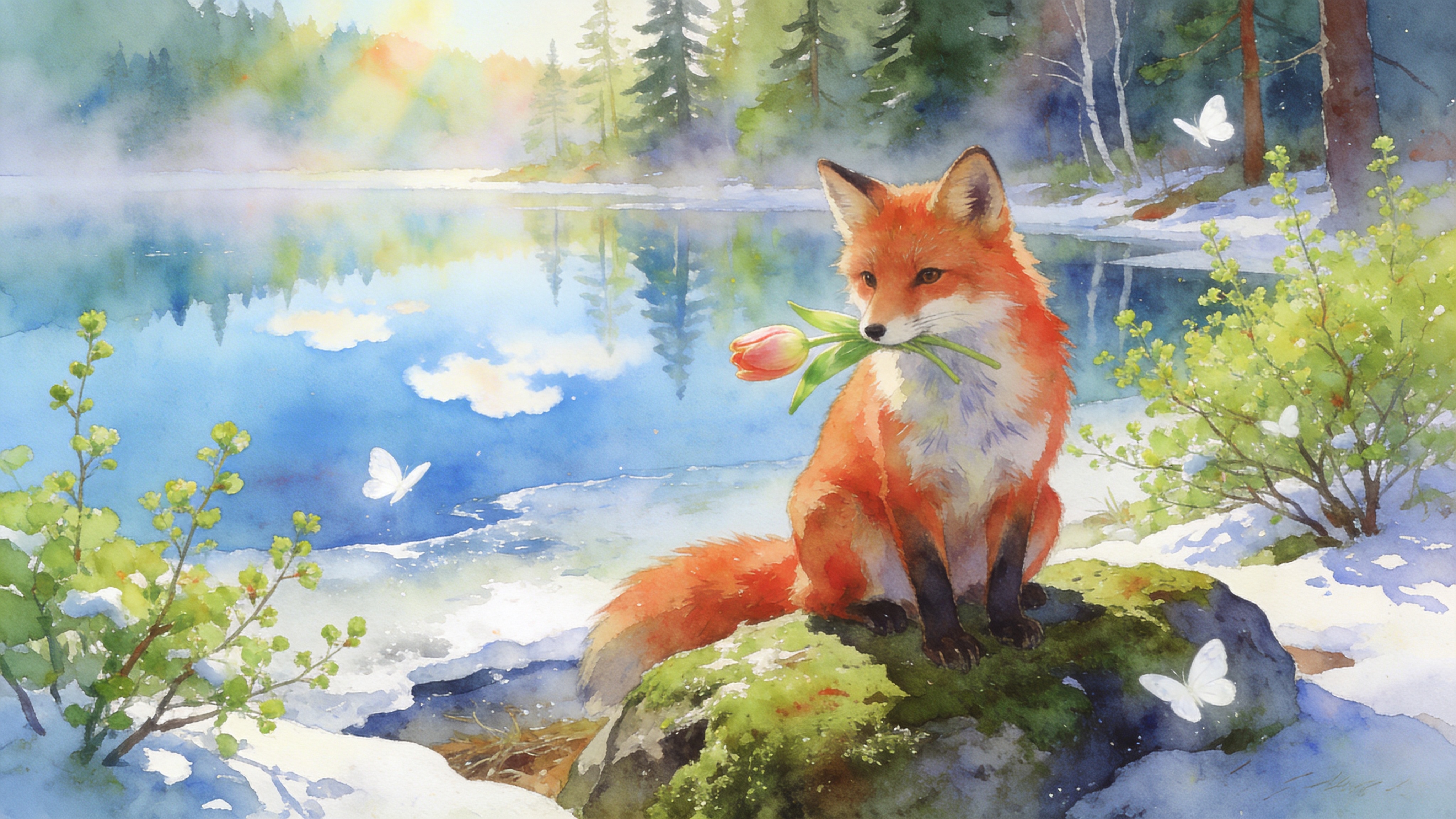 北欧森林的边缘，初春的阳光穿透薄雾洒在刚刚解冻的湖面上。画面主体是一只毛茸茸的赤狐，它正蹲坐在长满苔藓的岩石上，嘴里叼着一支鲜嫩的郁金香，眼神温柔而专注地注视着前方。周围是刚抽芽的嫩绿灌木和残留的几块未融化的冰雪，几只白色的蝴蝶在狐狸周围飞舞。远处的湖面如镜面般平静，倒映着蓝天和稀疏的云朵，画面充满了童话般的治愈感。

治愈系水彩插画，风格清新梦幻。色彩明亮通透，以嫩绿、天蓝和赤橙色为主，水痕晕染自然。笔触轻松随性，边缘带有水彩特有的扩散效果。光影柔和温暖，强调清晨的朦胧感，整体画面呈现出一种晶莹剔透、像水彩纸纹理般的细腻质感。