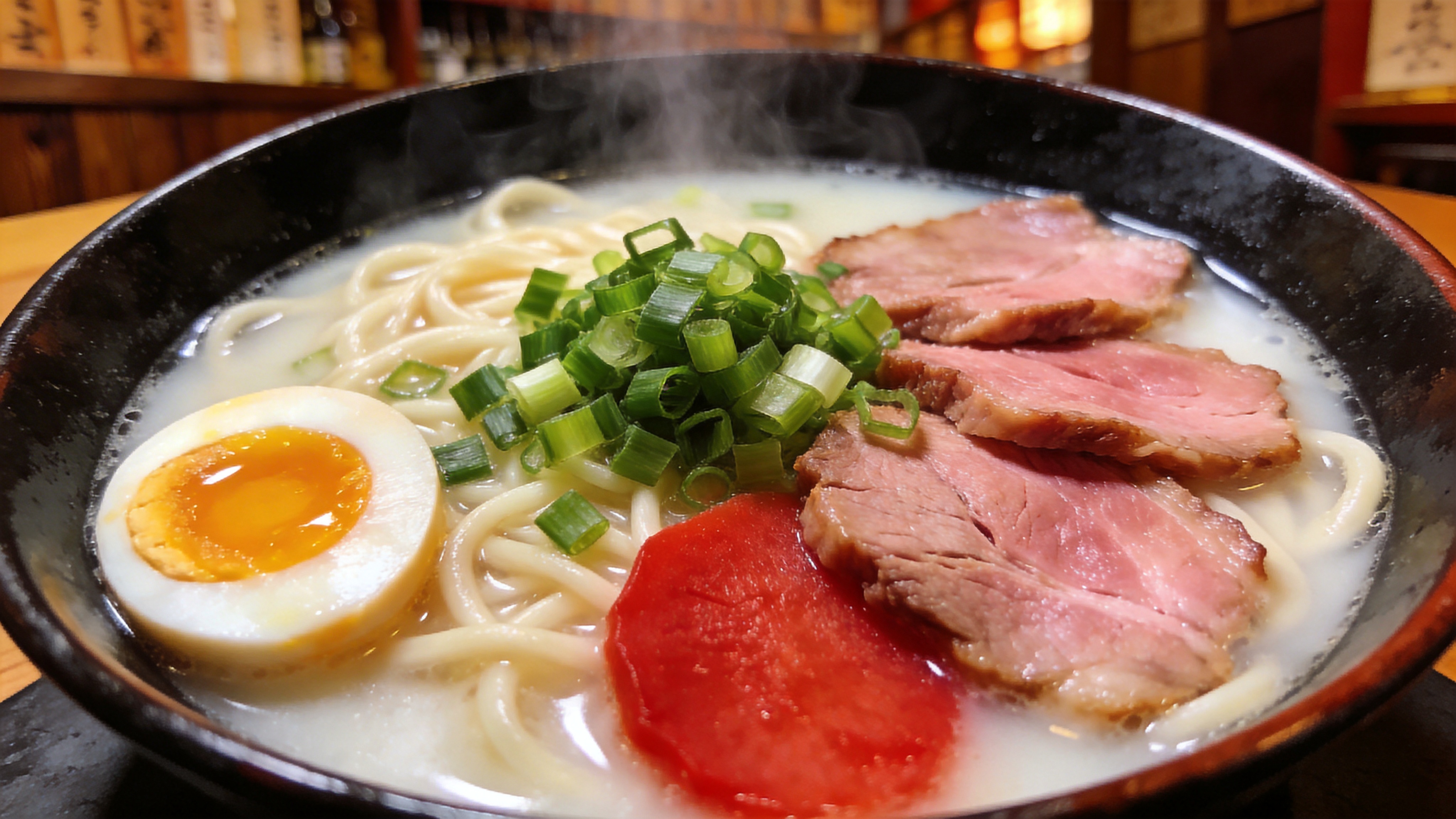 一碗精心制作的日式豚骨拉面，浓白的汤面上漂浮着翠绿的葱花、半个流心的溏心蛋、几片粉嫩的叉烧肉和红色的鱼板，热气腾腾，背景是模糊的木质居酒屋 interior，让人食指大动。

商业美食摄影，微距镜头，极致的纹理细节，高饱和度暖色诱人光，油润感，景深突出主体，锐度极高，米其林餐厅菜单级画质。