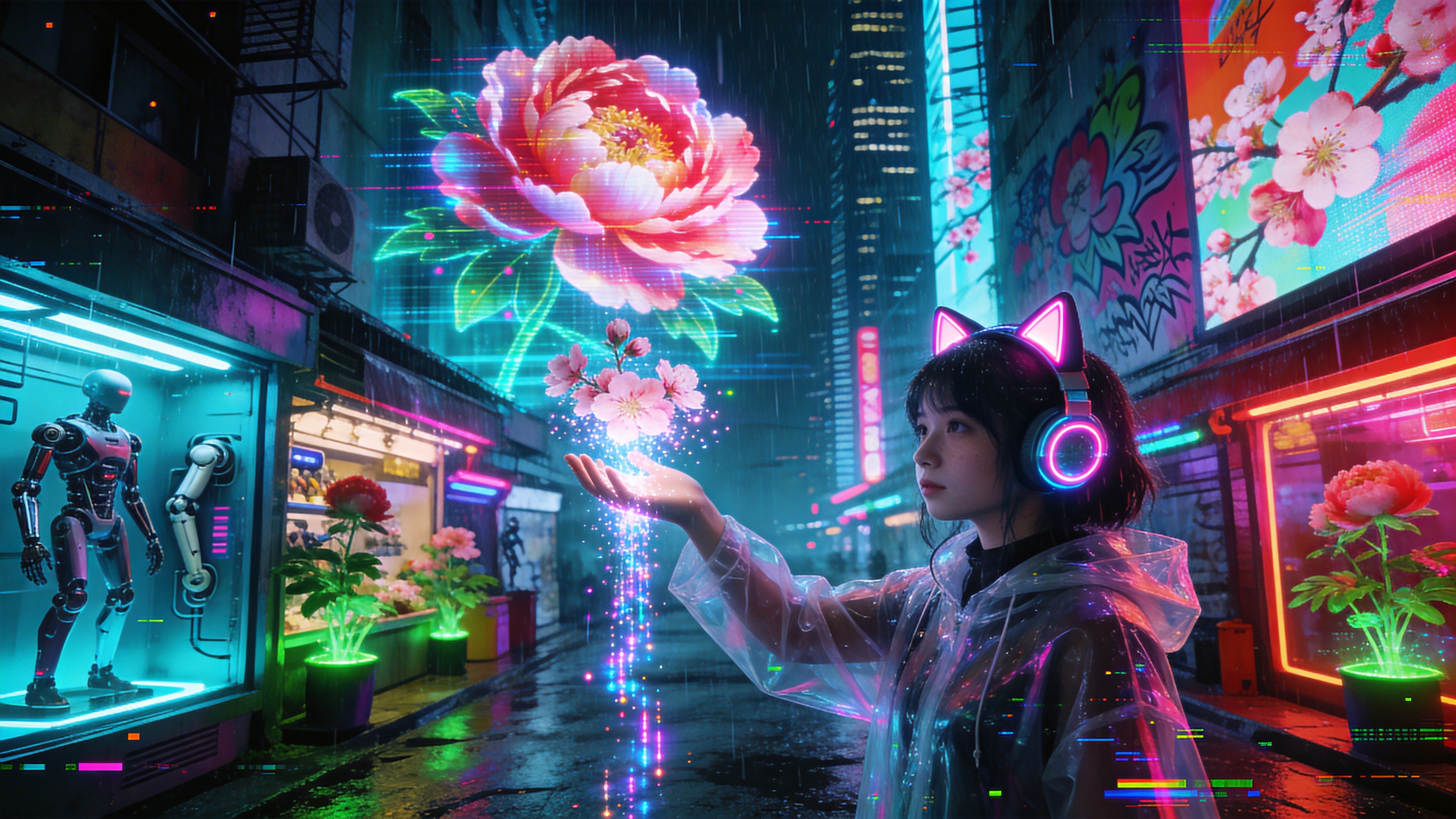 一个充满未来感的赛博朋克春日市集。巨大的全息投影投射出盛开的立体牡丹花，漂浮在霓虹闪烁的狭窄街道上。街道两旁是鳞次栉比的高科技店铺，售卖着机械义肢和全息植物。一位身穿透明雨衣、头戴发光猫耳耳机的少女正伸出手去触碰一朵由光粒子组成的虚拟桃花，雨水在她的指尖汇聚成发光的数据流。背景是高耸入云的摩天大楼，墙面覆盖着动态的春日涂鸦广告。

赛博朋克与波普艺术的结合，强烈的冷暖撞色（青色与洋红）。光影强调体积光和霓虹辉光，营造出湿润、迷幻的夜景氛围。画面具有高对比度、高饱和度的特点，细节处带有胶片颗粒感和数字故障艺术（Glitch Art）纹理，视觉冲击力极强，充满科技与自然融合的反叛美学。