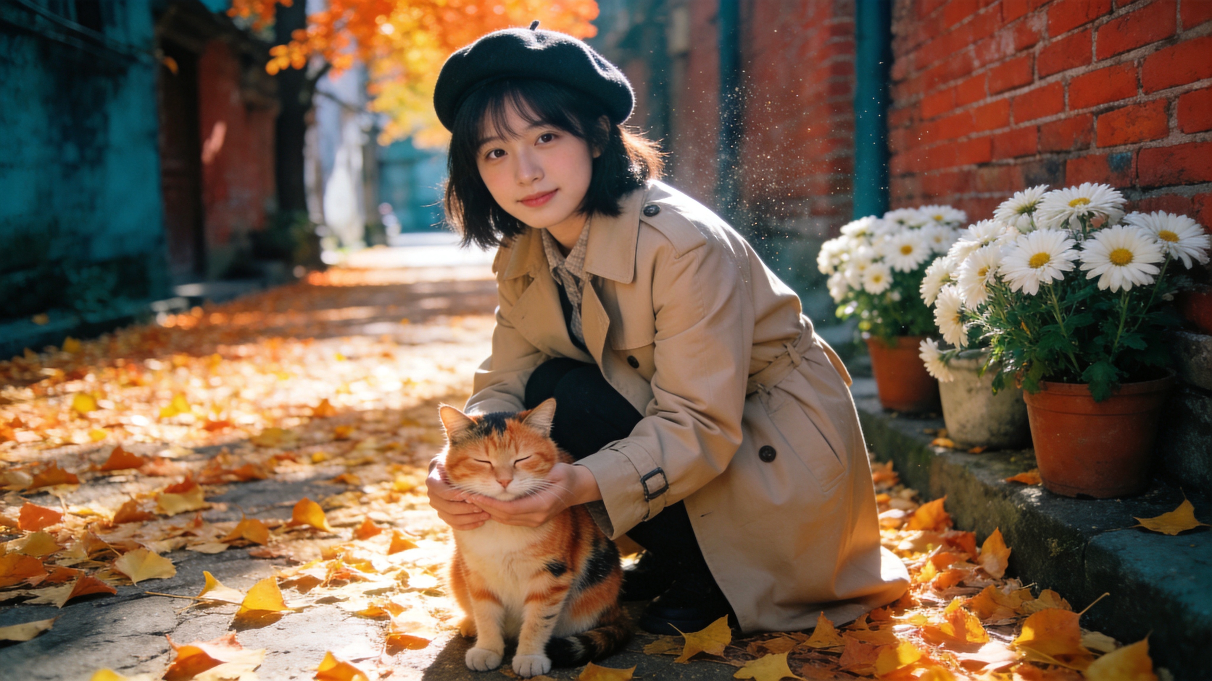 画面定格在初秋的午后，一条铺满金黄色银杏叶的古老街道，阳光透过树叶的缝隙洒下斑驳的光影。一位身穿米色风衣、头戴贝雷帽的女孩正蹲在地上，手中捧着一只橘色的三花猫，猫咪正眯着眼睛享受阳光。街道两旁是复古的红砖墙面，墙角摆放着几盆盛开的白色菊花，空气中仿佛漂浮着细微的尘埃，营造出温暖而慵懒的秋日氛围。

治愈系日系摄影风格，模仿 Fujifilm Cineprint 22 胶片质感。色调柔和偏暖，强调高光中的橙色与暗部的青色对比。景深较浅，突出主体人物与猫咪，边缘带有轻微的柔焦和暗角，整体呈现出一种电影般的叙事感和怀旧的温情。