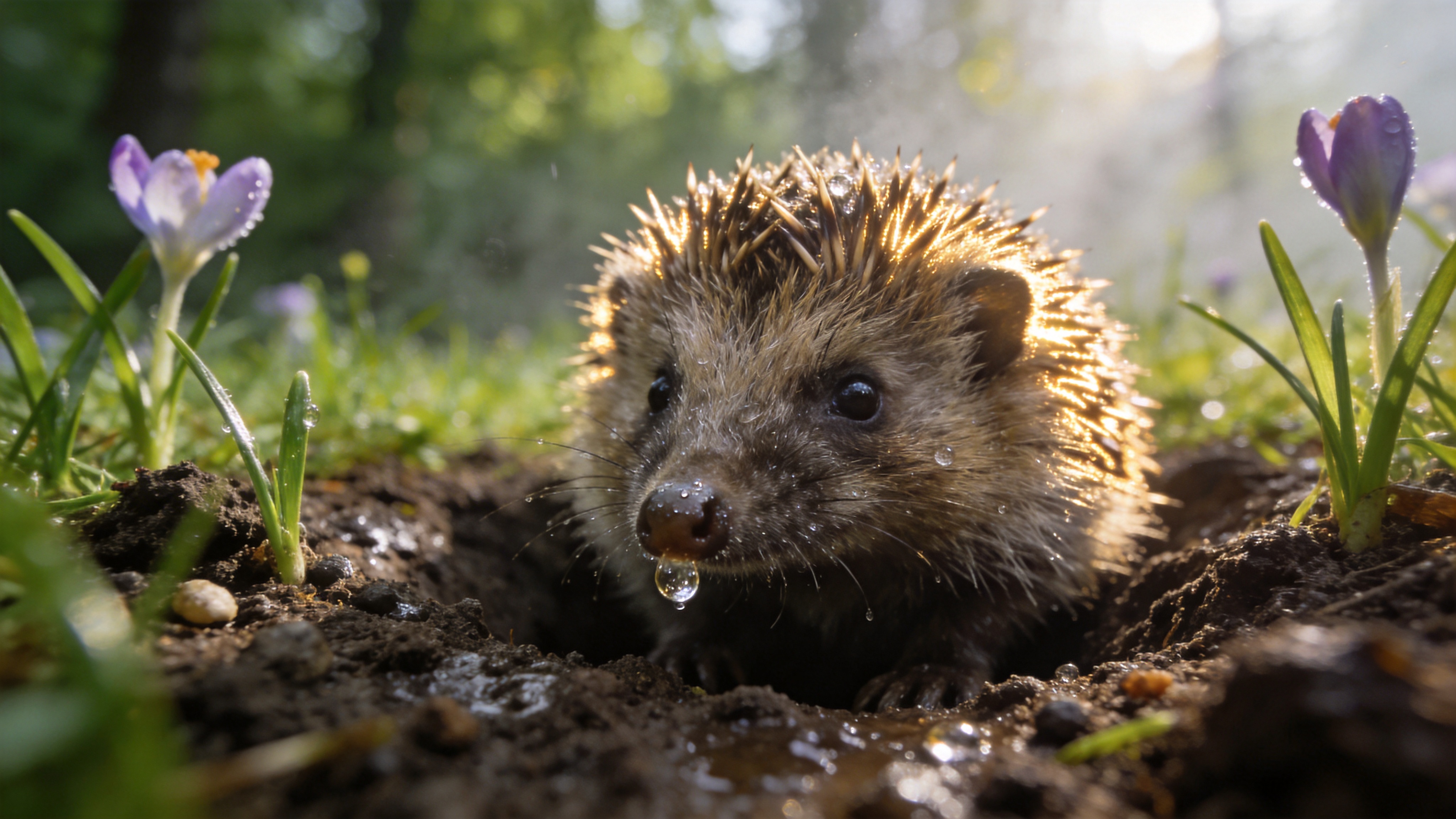 春分时节的清晨，一只毛茸茸的刚苏醒的刺猬正小心翼翼地从湿润的泥土洞穴中探出头来。它的鼻尖上挂着一颗晶莹剔透的露珠，眼神充满好奇。周围是刚刚破土而出的嫩绿草芽和几朵娇小的野生番红花，阳光透过稀疏的晨雾，以低角度照射在刺猬的背刺上，形成金色的轮廓光，背景是虚化的翠绿色森林光影。

国家地理微距摄影风格，8K分辨率，极度锐利的细节呈现。使用85mm微距镜头，大光圈虚化背景。色调清新自然，强调真实的纹理（刺猬的刺、泥土的颗粒、露珠的折射）。光线柔和温暖，具有强烈的立体感和临场感，仿佛触手可及。