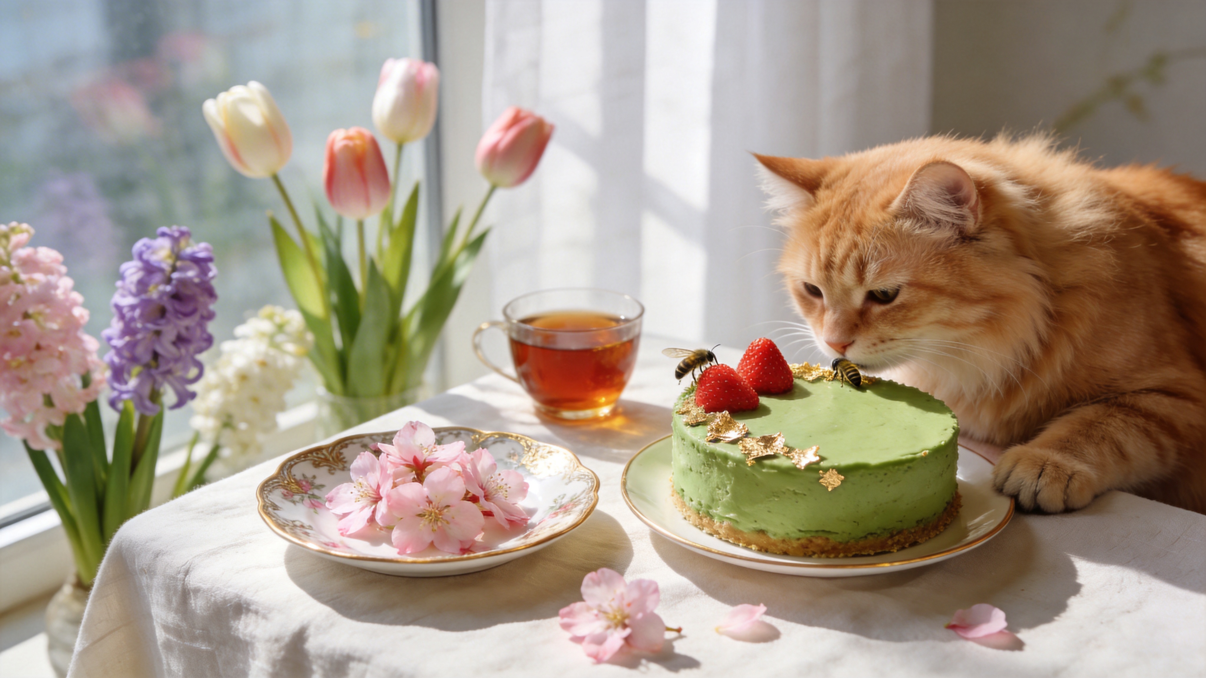春日午后的阳光透过巨大的落地窗洒进室内，餐桌上摆放着一份精致的春季限定下午茶。餐桌铺着米白色的亚麻桌布，中间是一个复古的描金骨瓷盘，盘子里盛着几朵刚刚采摘的可食用樱花，旁边是几块造型如艺术品般的抹茶慕斯蛋糕，上面点缀着金箔和一颗鲜红的草莓。一只慵懒的橘猫正趴在桌角，好奇地盯着一只停在蛋糕边缘的蜜蜂。空气中似乎弥漫着红茶的香气和淡淡的花香，背景是虚化的花园景色，郁金香和风信子在微风中摇曳，画面静谧而美好，充满了生活的仪式感。

现代美食摄影风格，追求极致的画质和真实的质感。采用自然光照明，利用侧逆光勾勒食物的轮廓，产生柔和的阴影和高光。色彩明亮通透，以白色、粉色、绿色为主，清新治愈。景深较浅，背景虚化柔和，突出主体食物的细节。强调材质的表现，如蛋糕的绵密、瓷器的温润、花瓣的娇嫩以及猫毛的蓬松，整体给人一种温暖、舒适、高级的视觉体验。