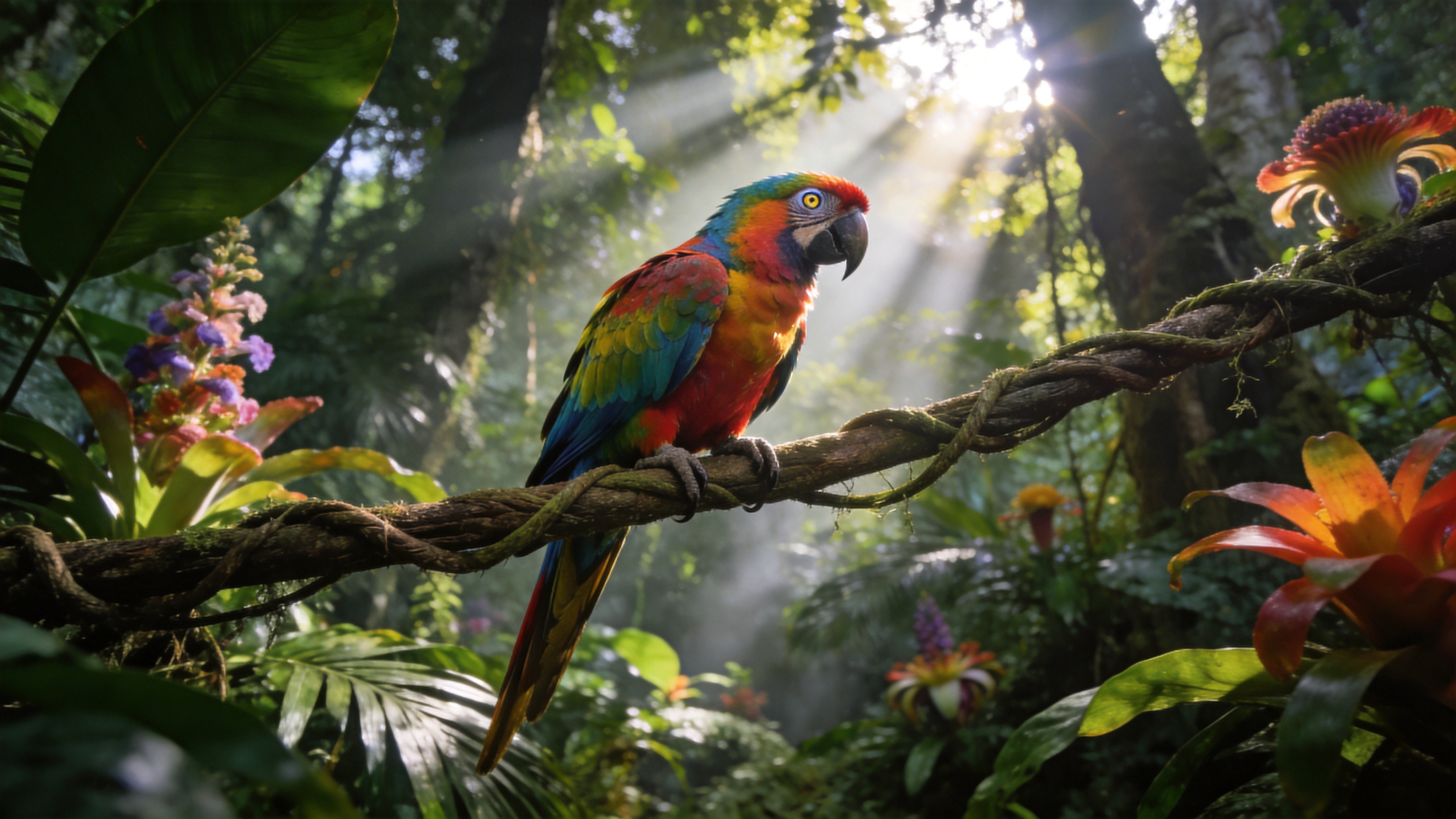 一只色彩斑斓的金刚鹦鹉停在热带雨林的一根粗壮藤蔓上，背景是郁郁葱葱的阔叶植物和盛开的奇异花朵，阳光穿过树冠形成光束，鹦鹉的羽毛色彩鲜艳，眼神锐利。

国家地理野生动物摄影，长焦镜头压缩空间，极致的锐度和清晰度，自然生态色彩，生动抓拍瞬间，8K超高清，真实感。