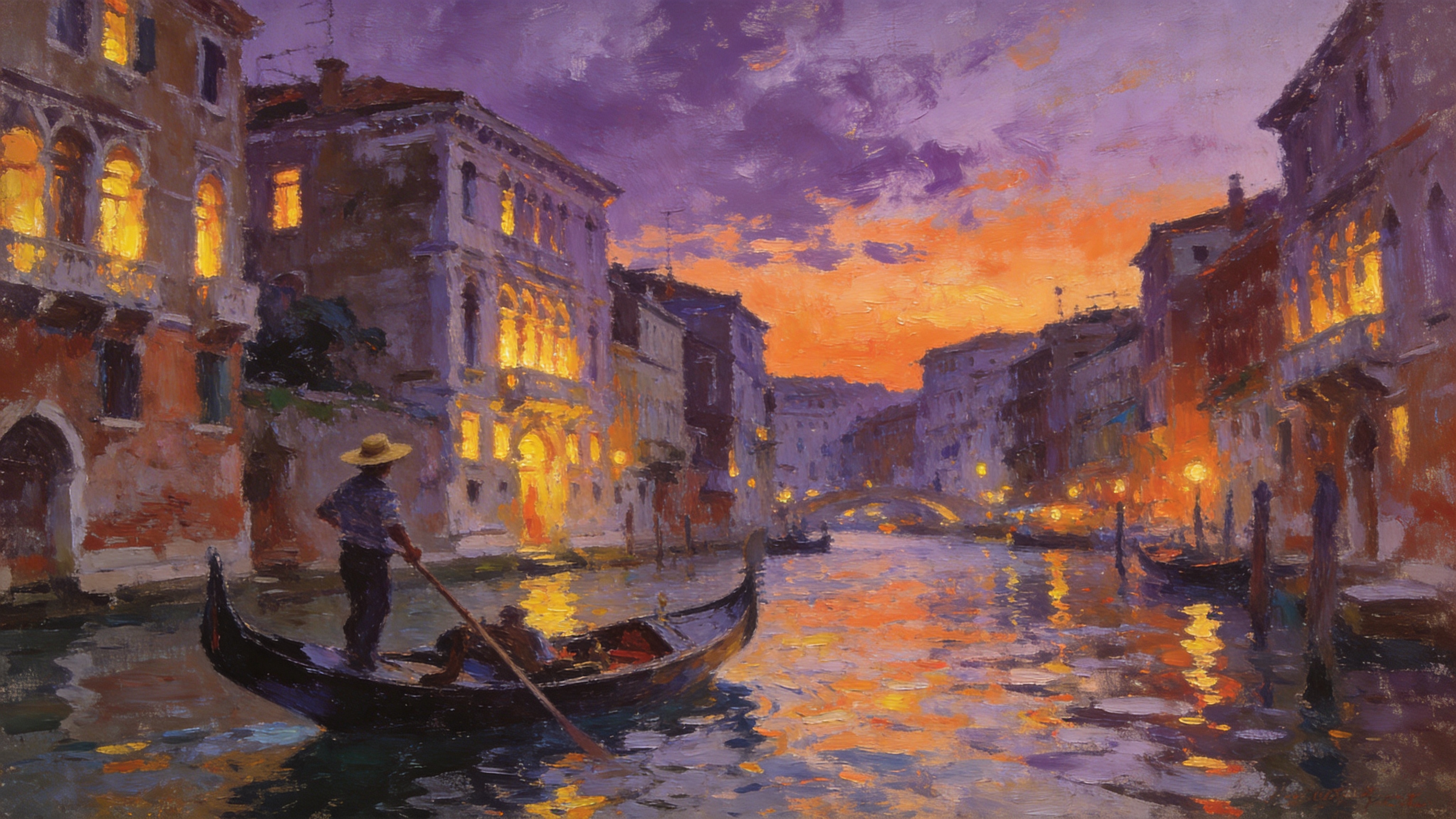 黄昏时分的威尼斯运河，贡多拉小船划过水面，船夫戴着草帽，两岸是文艺复兴时期的古老建筑，窗户透出暖黄色的灯光，天空呈现出醉人的紫罗兰色和橙色。

印象派油画风格，莫奈笔触，色彩斑斓且模糊，光影跳动，强调氛围而非细节，厚重颜料堆叠感，艺术画廊收藏品。