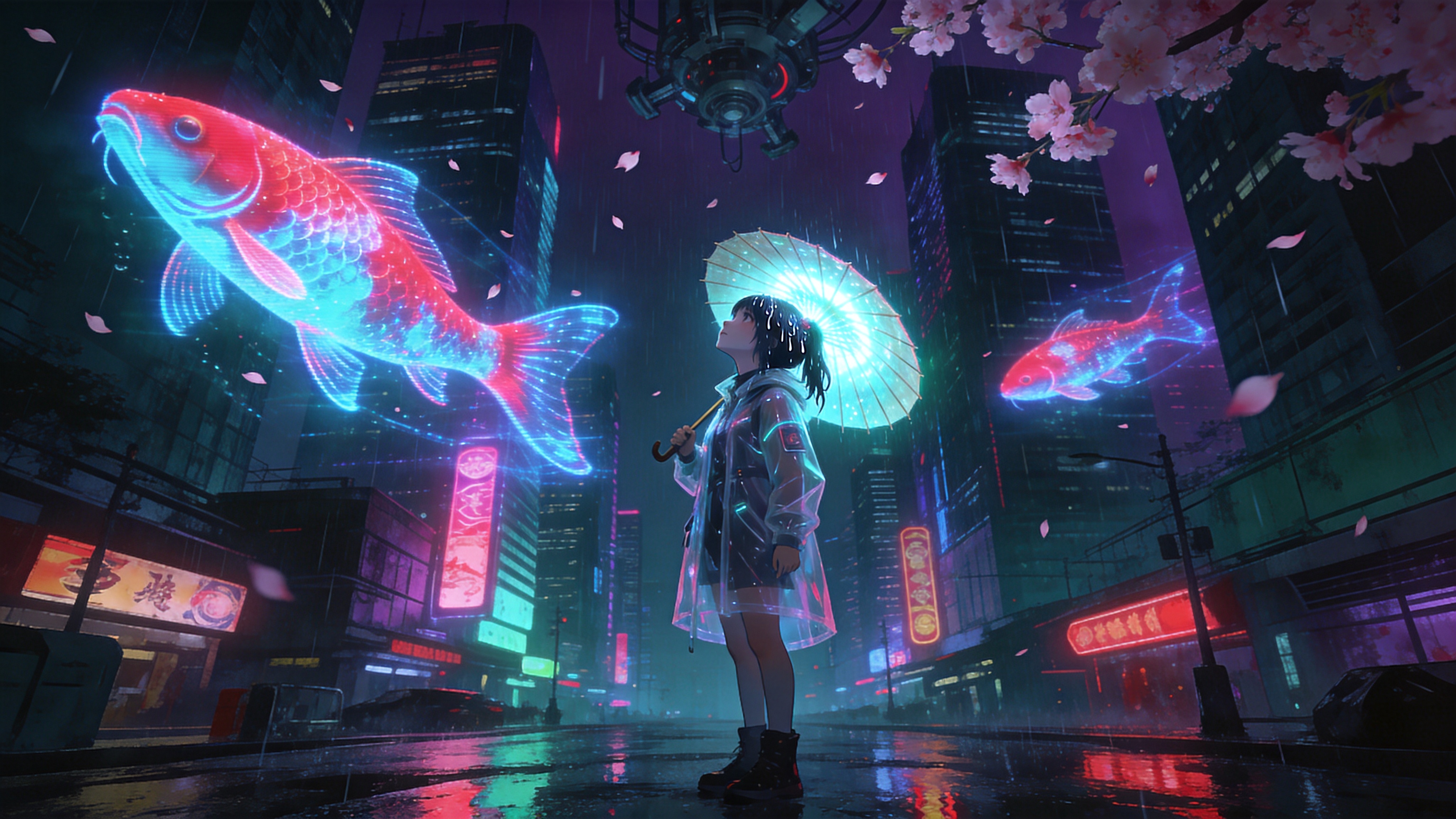 一个充满未来感的赛博朋克都市夜景，此时正值初夏的午夜狂欢。巨大的全息投影锦鲤在空中游动，鳞片闪烁着霓虹蓝和洋红色的光芒，穿梭在高耸入云的摩天大楼之间。街道上积着雨水，反射着五光十色的招牌。画面中心是一位身着透明机能风风衣的少女，手持一把发光的油纸伞，正抬头仰望空中的机械樱花飘落，雨水打湿了她的发梢。

赛博朋克概念艺术，风格强烈，强调高对比度。主色调为青色和洋红色的经典搭配，辅以深紫色的阴影。光影效果戏剧化，具有强烈的体积光和湿滑地面的反射质感。线条锐利，细节丰富，充满科技感与东方美学的冲突美学，参考《银翼杀手2049》的视觉美学。