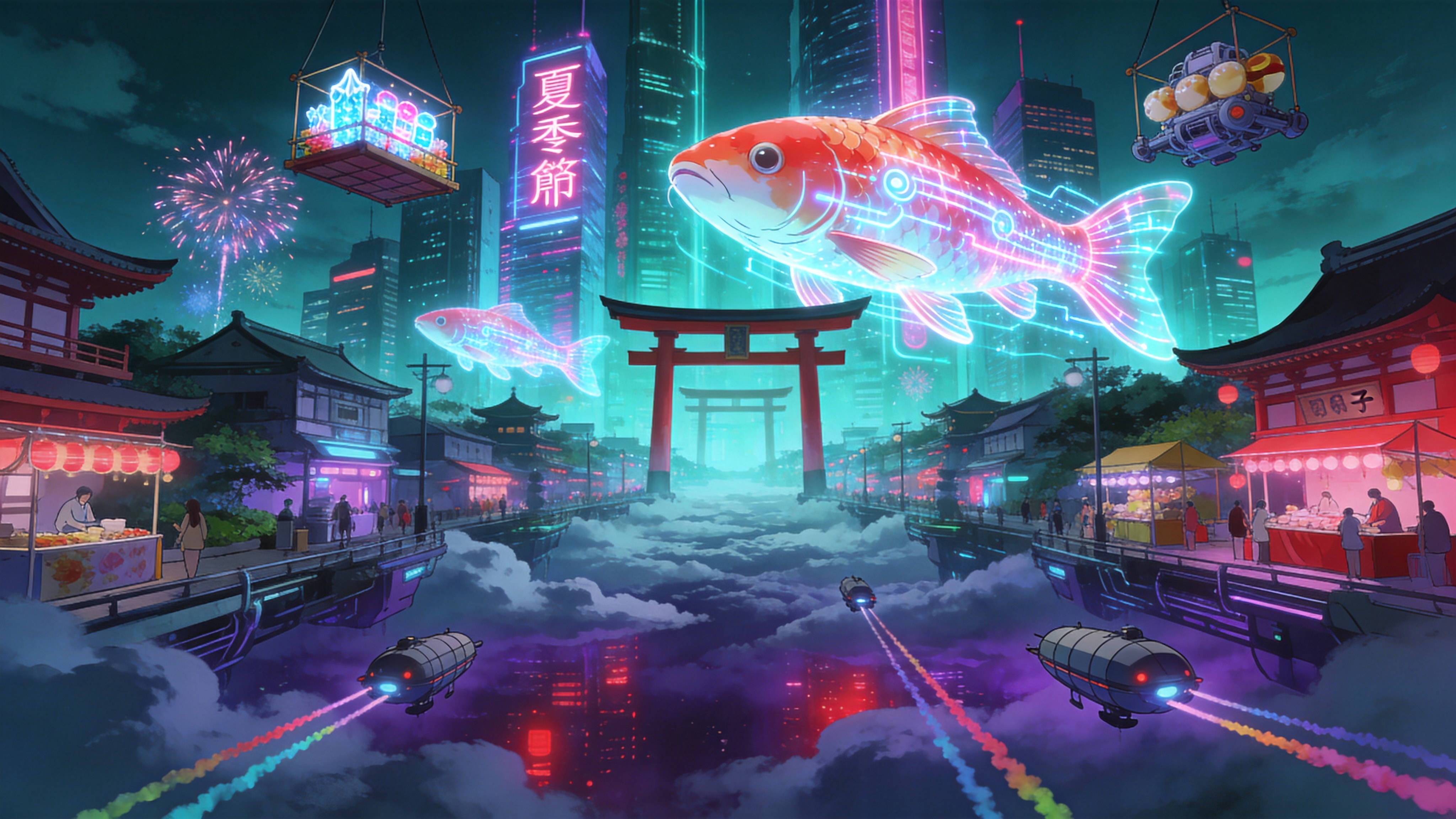 一座悬浮在云海之上的未来派生态城市，今天是夏末的祭典，城市中充满了节日气氛。巨大的全息锦鲤在霓虹闪烁的摩天大楼之间穿梭，身上流淌着发光的数据流。街道两旁是融合了赛博科技与传统日式鸟居的建筑，空中漂浮着贩卖冰镇电子烟花和机械团子的摊位。下方是深不见底的云层，被城市的灯光染成紫红色，几架反重力飞艇正拖着长长的彩烟掠过。

赛博朋克风格与动漫插画的结合，色彩高饱和度，以青色和洋红色为主色调（Cyberpunk Color Palette）。光影效果强烈，利用体积光和辉光表现全息投影的通透感。笔触细腻，线条流畅，具有新海诚式的唯美背景风格，材质呈现出金属与光线的硬科幻质感。