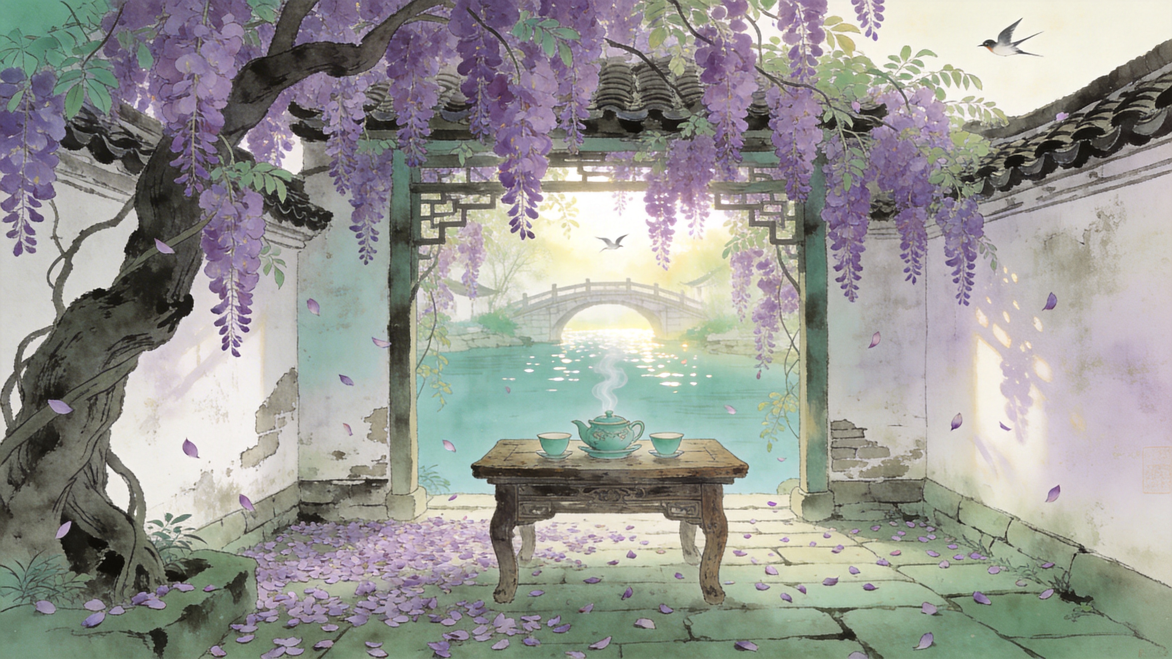2026年4月9日的清晨，江南水乡的一处幽静庭院。一株百年的紫藤花盛开如紫色的瀑布，垂落在斑驳的白墙黛瓦之上，花瓣随着微风轻轻飘落，铺满了青石板路。庭院中央有一张古旧的木桌，桌上摆放着一套精致的青瓷茶具，热气正从茶杯中袅袅升起。透过花架的缝隙，可以看到远处的小桥流水，水面波光粼粼，几只春燕正低空掠过，画面充满了春天的生机与古典的雅致。

新中式工笔画风格，色调以淡雅的青绿色和紫罗兰色为主，点缀暖白。笔触细腻流畅，线条勾勒清晰有力，具有传统国画的留白意境。光影处理柔和，采用平光结合漫反射，展现出通透的空气感和丝绸般的质感，背景带有淡淡的宣纸纹理。