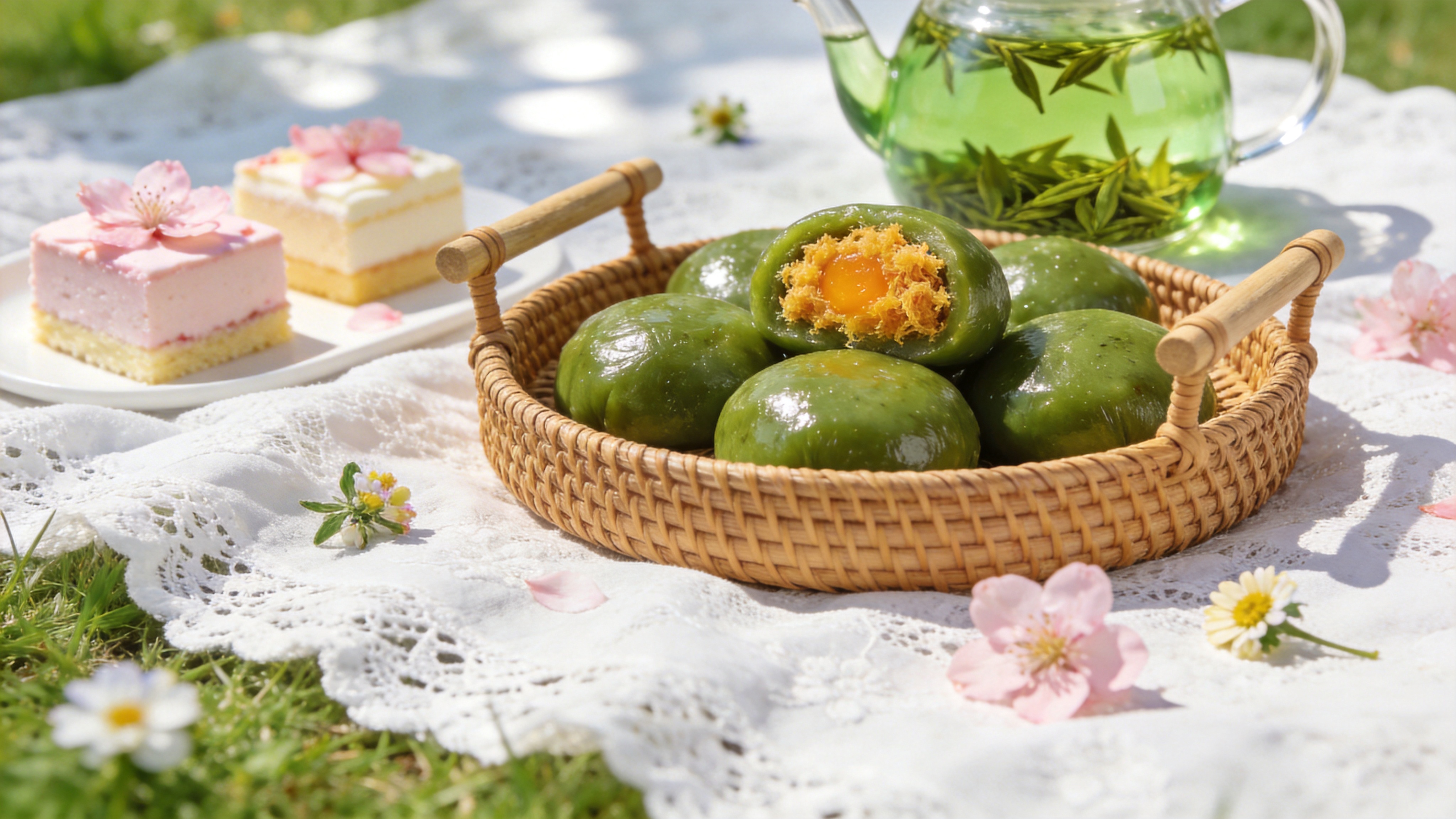 一张极具食欲的春日野餐俯视图，背景是铺着白色蕾丝桌布的草地，散落着几朵采摘的小野花。画面中央是一个藤编篮子，里面装满了刚出炉的、热气腾腾的青团，青团表皮油润翠绿，露出里面金黄的咸蛋黄肉松馅。旁边摆放着透明的玻璃壶，里面泡着明前龙井，茶汤嫩绿清澈，还有几块精致的樱花慕斯蛋糕。阳光斑驳地洒在食物上，营造出慵懒惬意的午后时光。

高端美食摄影风格，追求极致的微距细节和真实质感。采用自然光照明，模拟明媚春日的散射光，色调清新明亮，强调高饱和度的绿色和暖黄色的食物色泽。景深处理非常浅，焦点集中在青团的纹理上，背景虚化柔和，画面具有极强的治愈感和生活气息，仿佛能闻到艾草的清香。